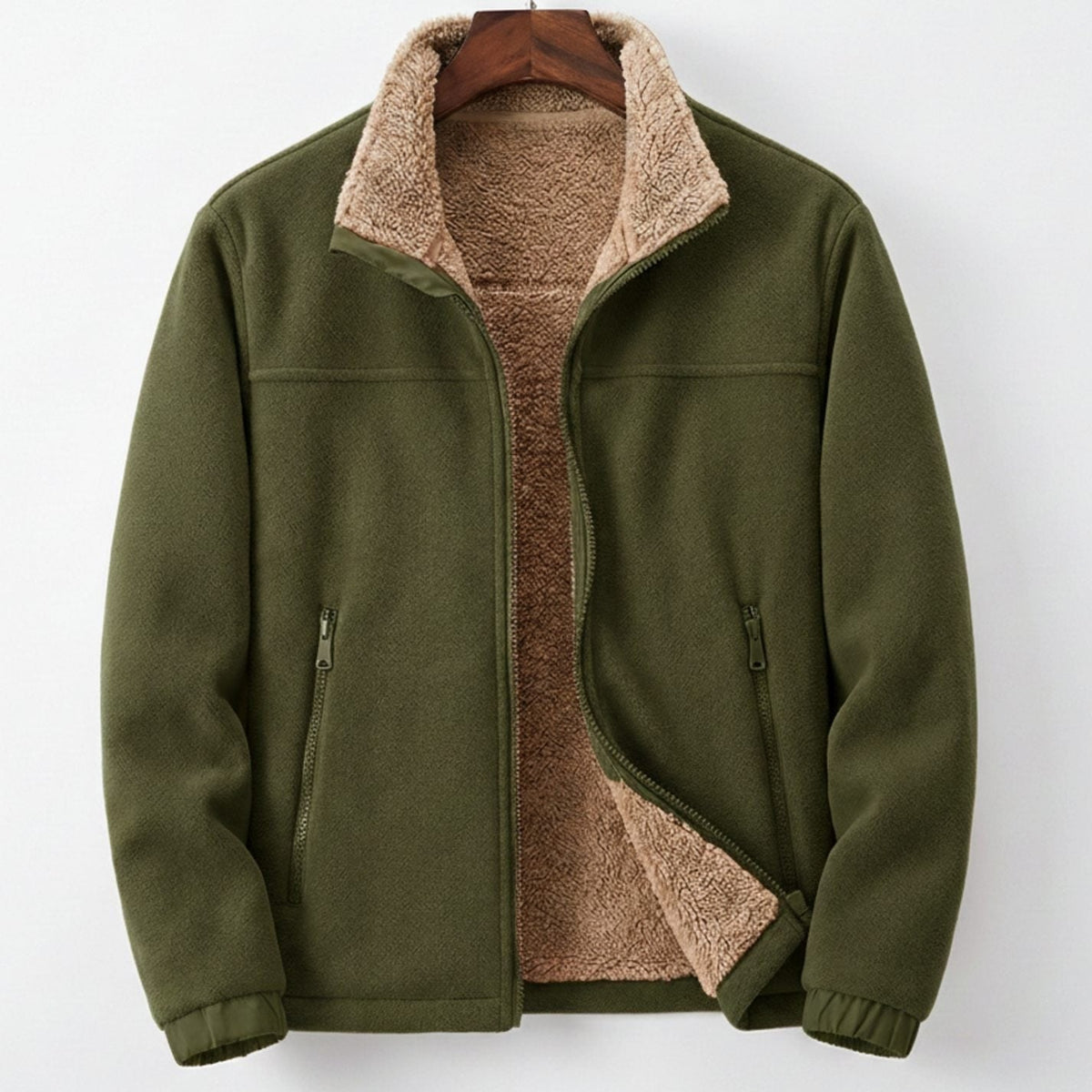Men's Sherpa-Lined Fleece Jacket – Full Zip with Stand Collar, Relaxed Fit