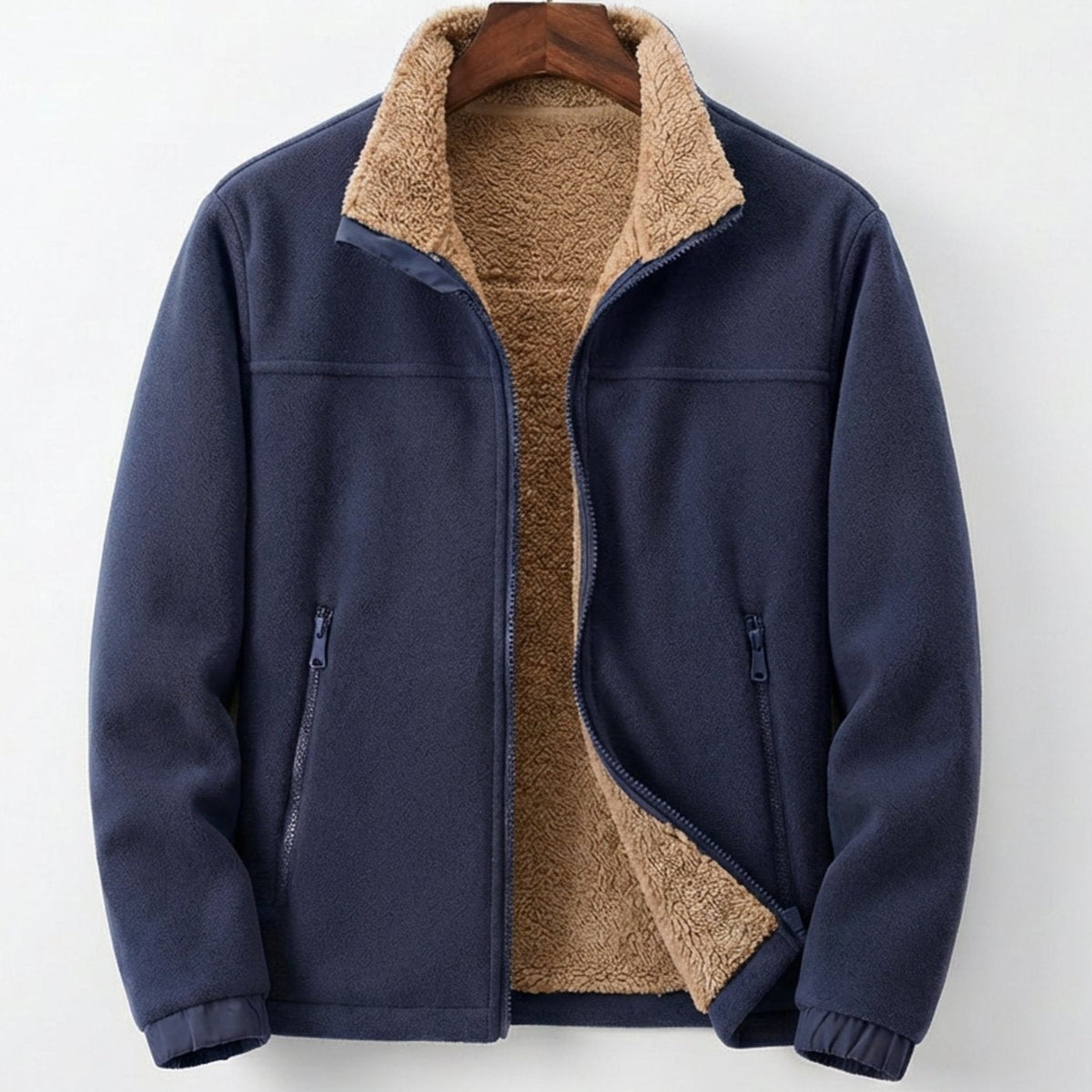 Men's Sherpa-Lined Fleece Jacket – Full Zip with Stand Collar, Relaxed Fit