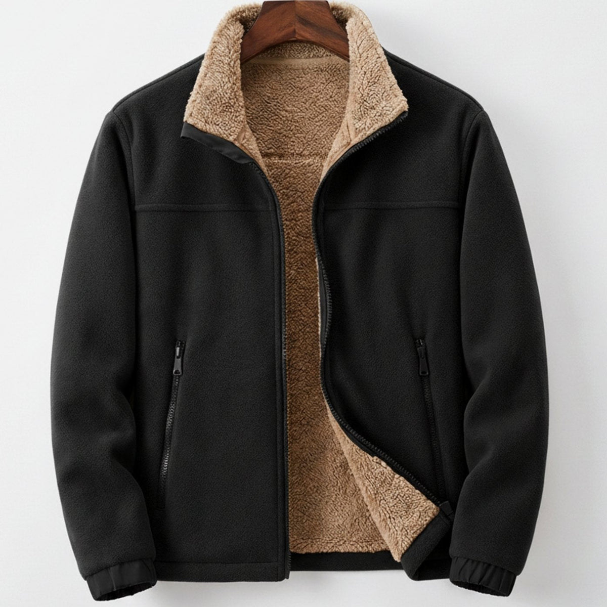 Men's Sherpa-Lined Fleece Jacket – Full Zip with Stand Collar, Relaxed Fit