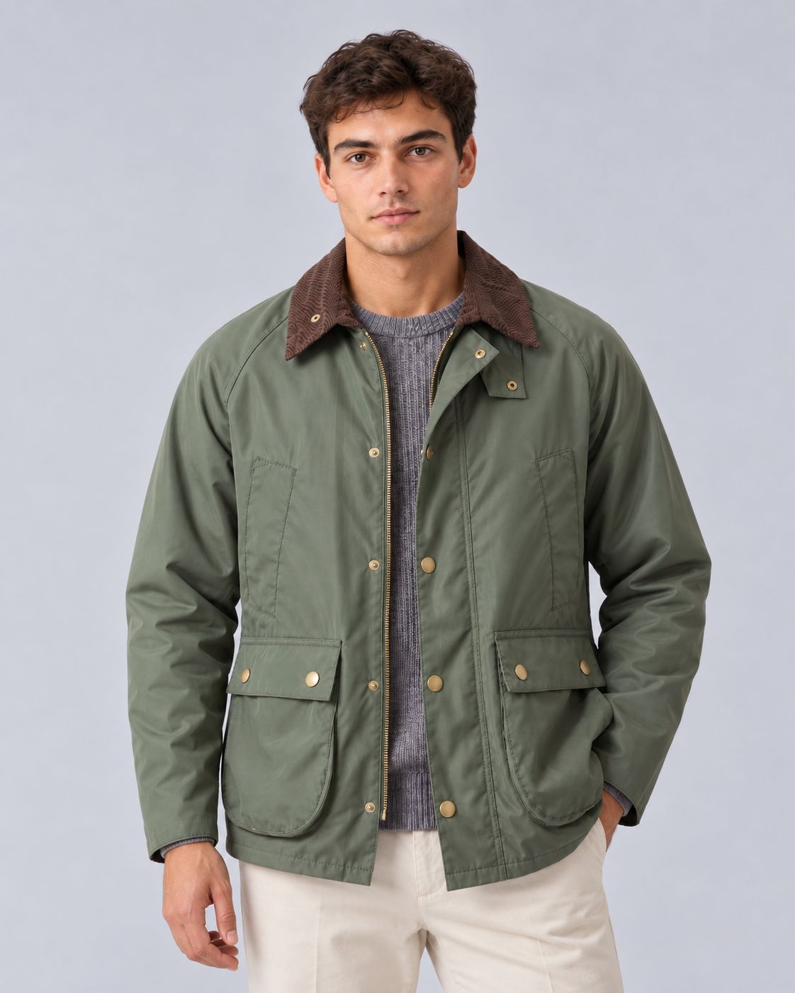 Men's Barn Jacket in Polyester – Contrast Collar, Front Zip, Relaxed Fit