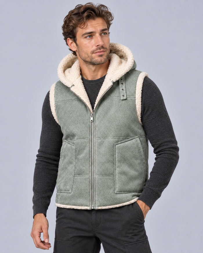 Men's Body Warmer in Faux Leather – Hooded Gilet with Faux Fur-Lined Hood, Full Zip