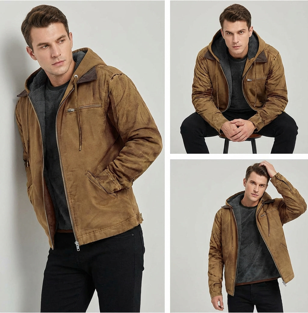 Men's Hooded Suede-Look Jacket – Fleece-Lined Vintage Work Jacket with Full Zip