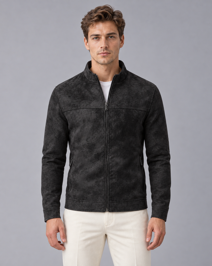 Men's Faux Leather Jacket with Zip Front and Stand Collar