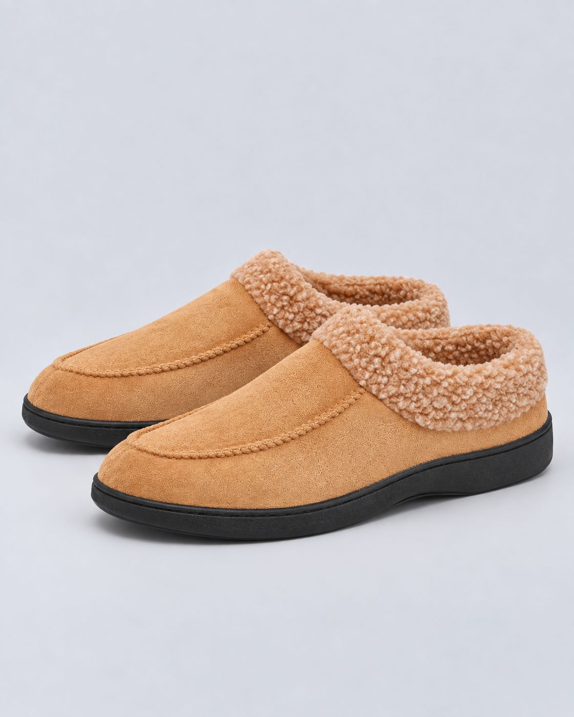 Men's Suede Slippers – Fleece-Lined, Backless Slip-On with TPR Sole