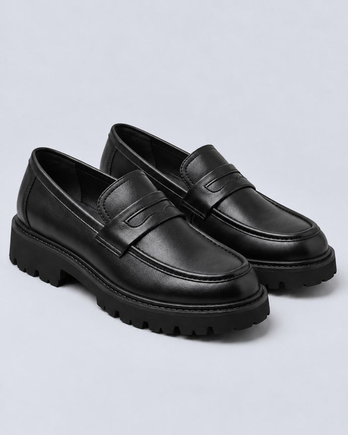 Men's PU Leather Penny Loafers – Chunky Lug Sole, Slip-On Design