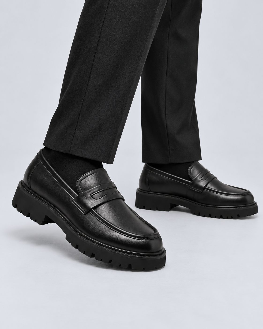 Men's PU Leather Penny Loafers – Chunky Lug Sole, Slip-On Design