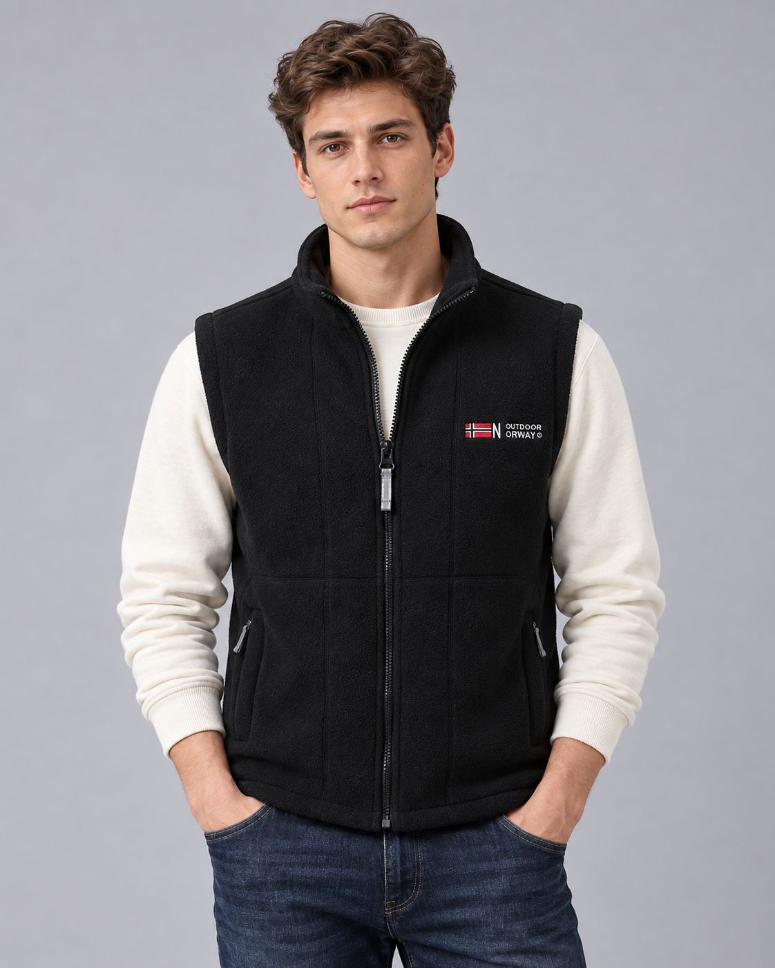 Men's Fleece Gilet – Full-Zip with Zip Pockets, Stand Collar, Regular Fit