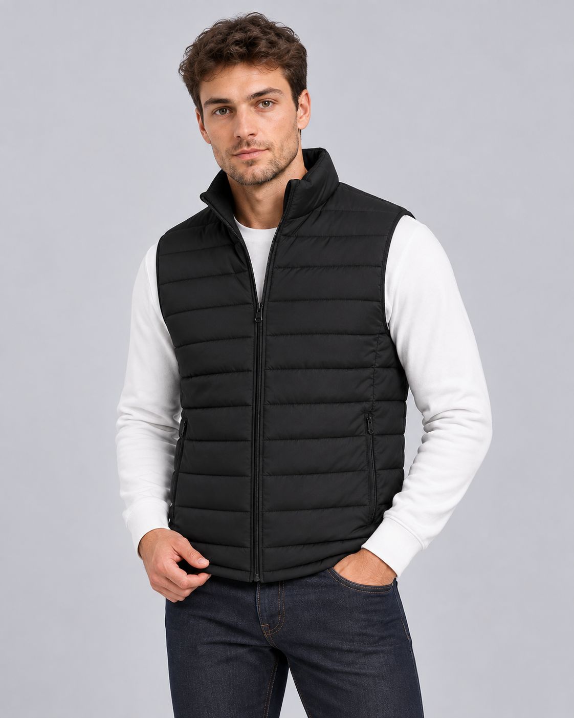 Men's Gilet – Lightweight Quilted Zip-Up Vest with Stand Collar, Regular Fit