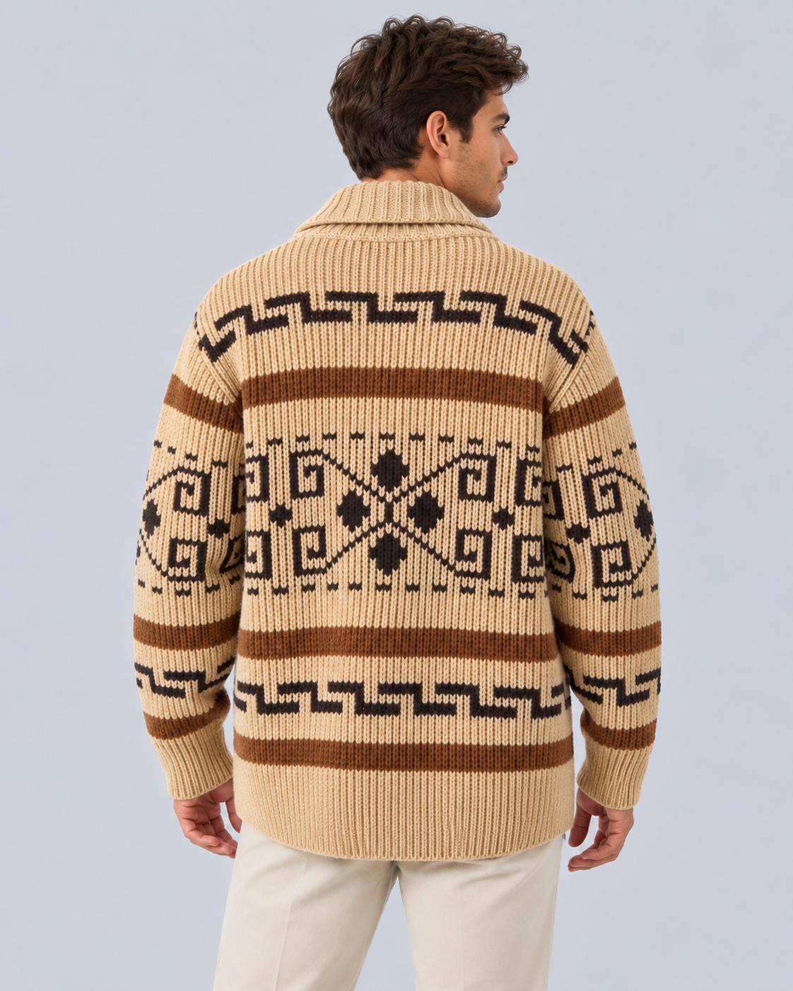 Men's Jacquard Zip Cardigan in Acrylic Knit – Shawl Collar, Geometric Pattern