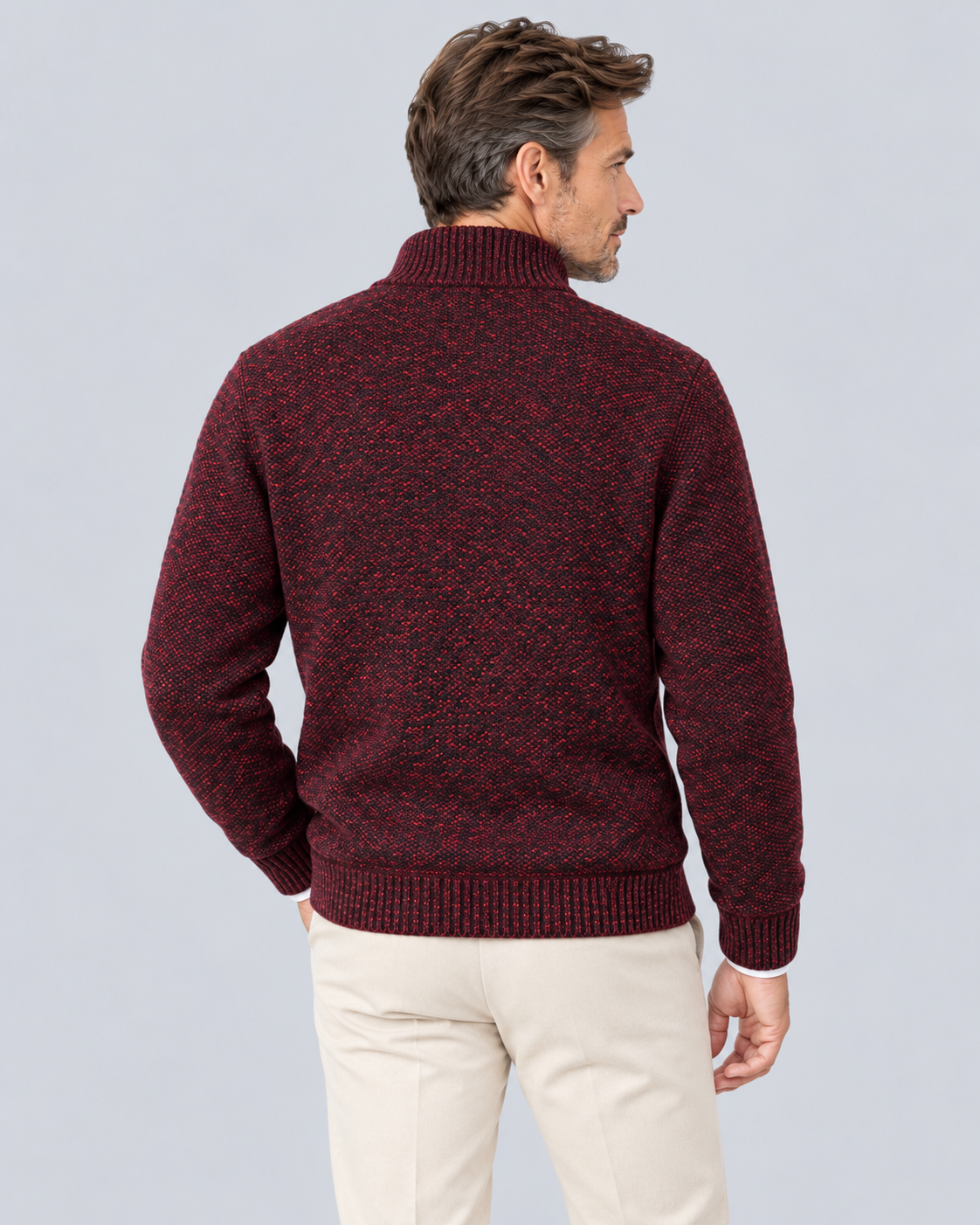 Men's Quarter Zip Jumper in Textured Polyester Knit – Zip Stand Collar, Ribbed Cuffs
