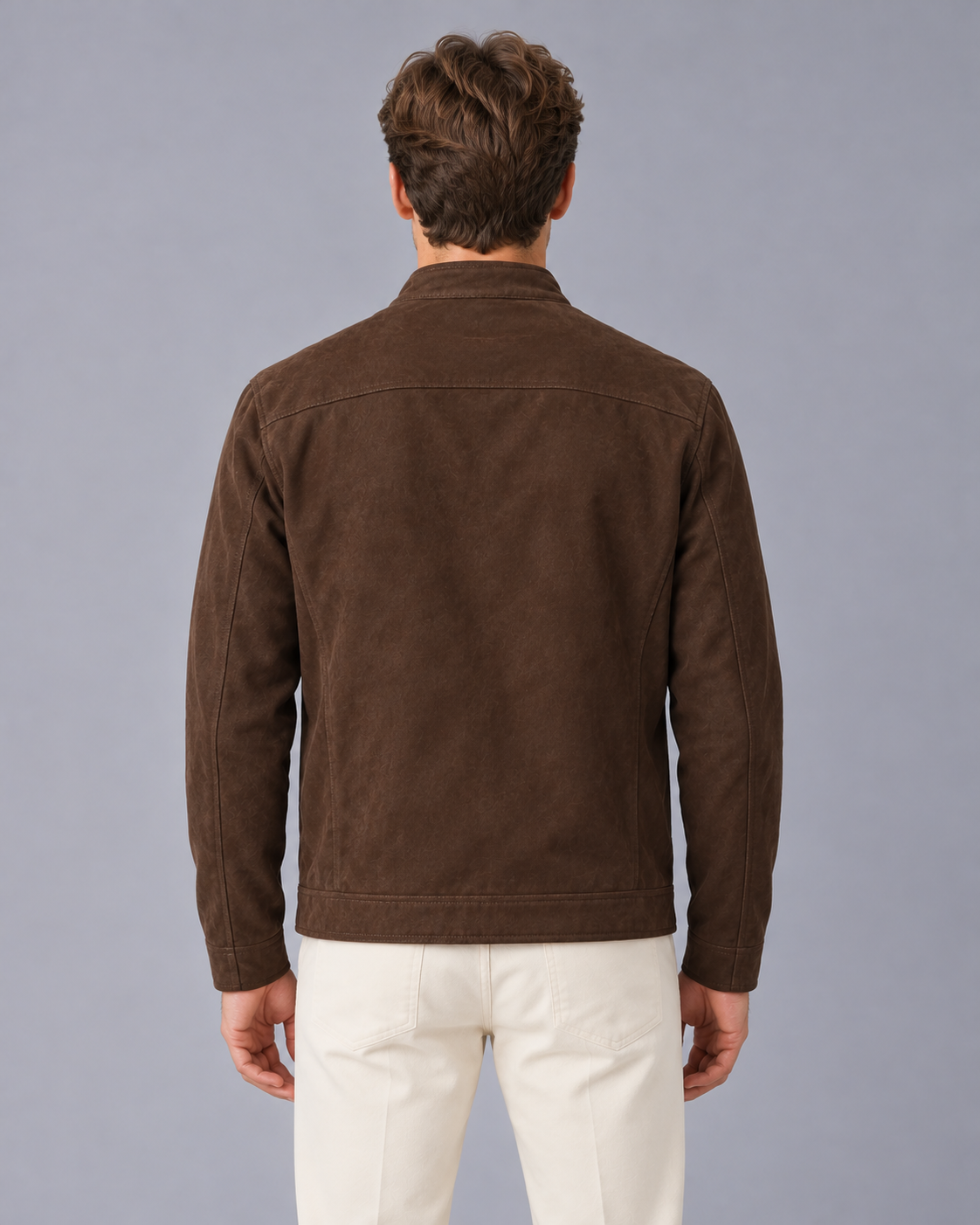 Men's Faux Suede Jacket with Stand Collar and Zip Front