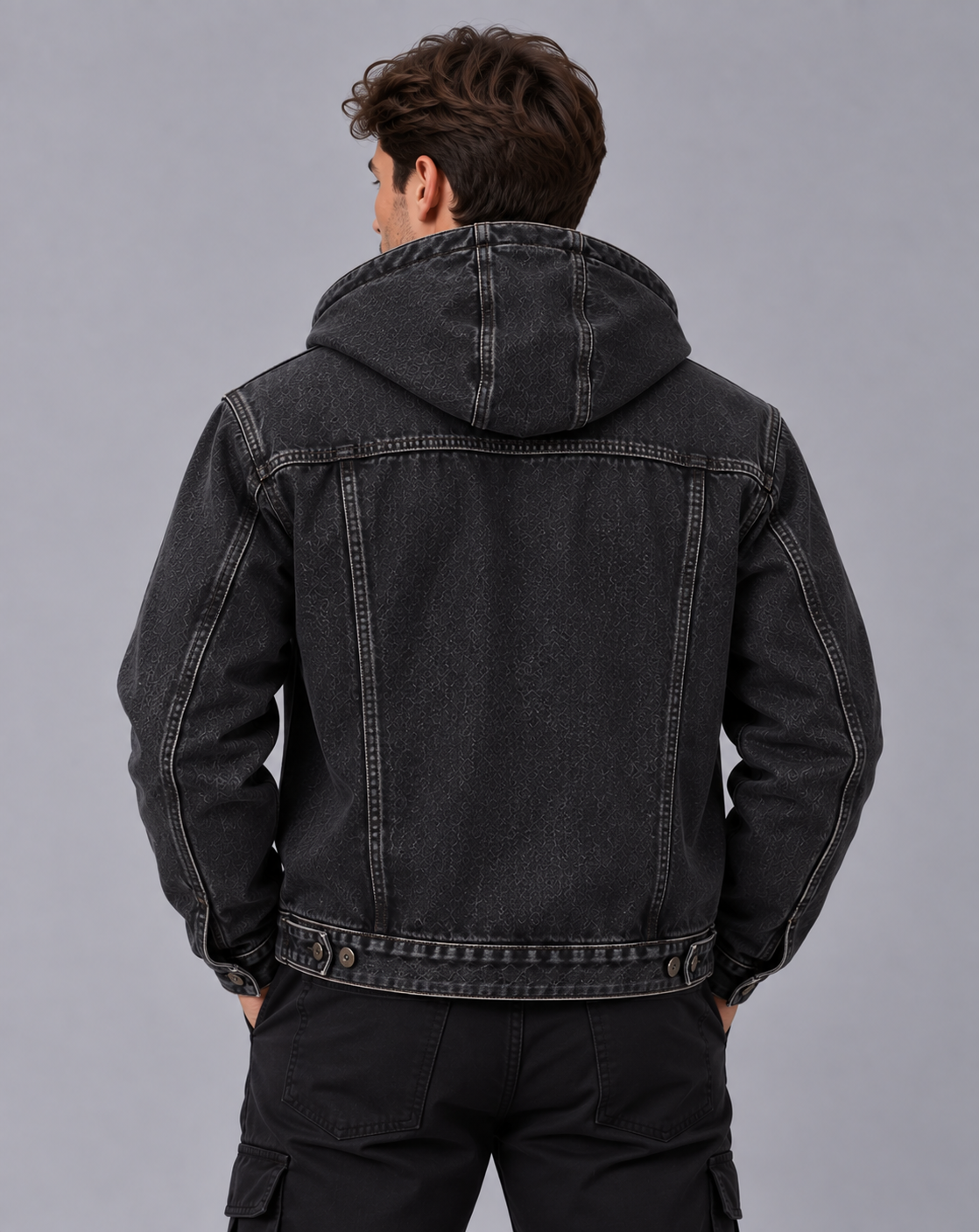 Men's Hooded Denim Jacket – Button Front, Drawstring Hood, Flap Chest Pockets