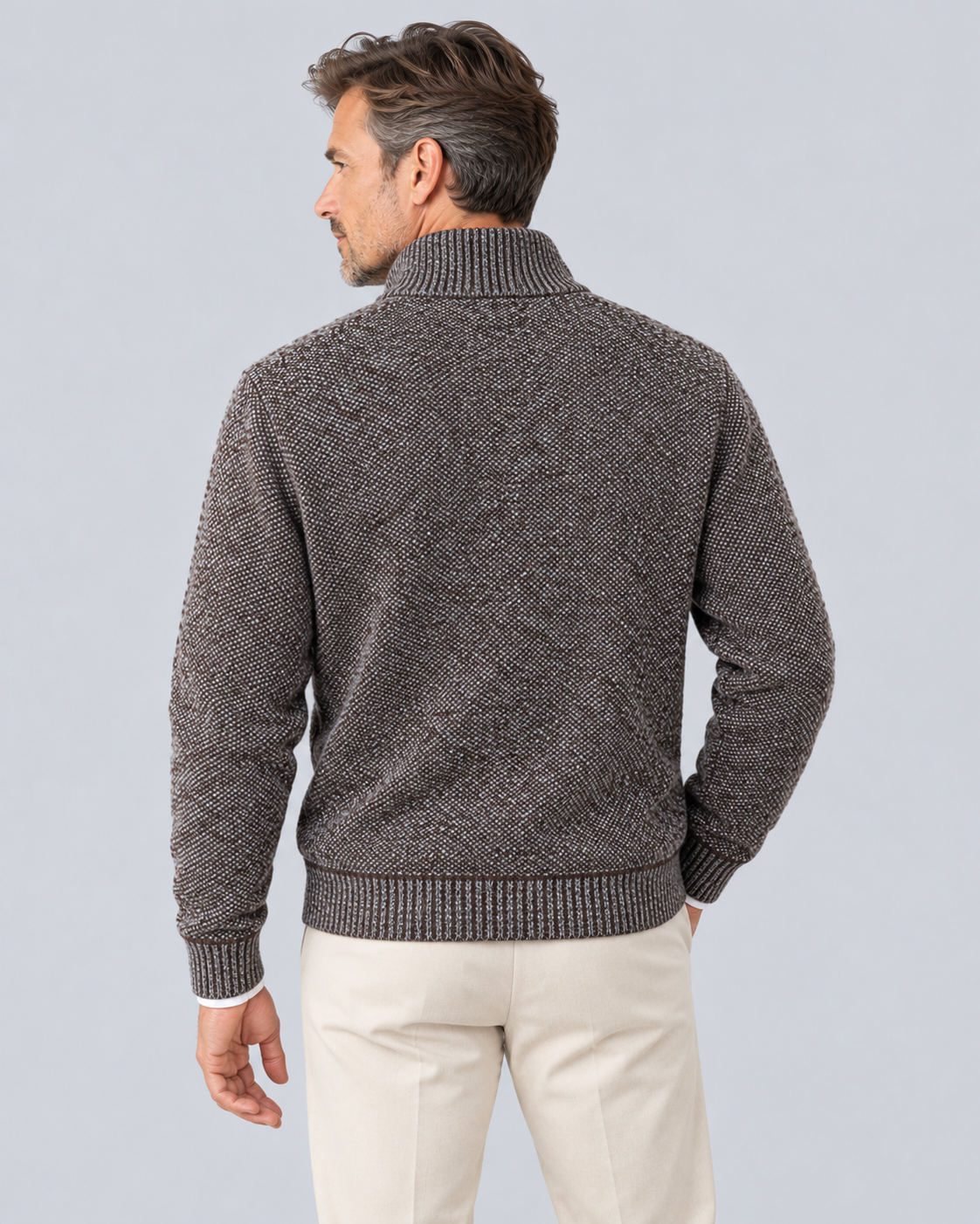 Men's Quarter Zip Jumper in Textured Polyester Knit – Zip Stand Collar, Ribbed Cuffs
