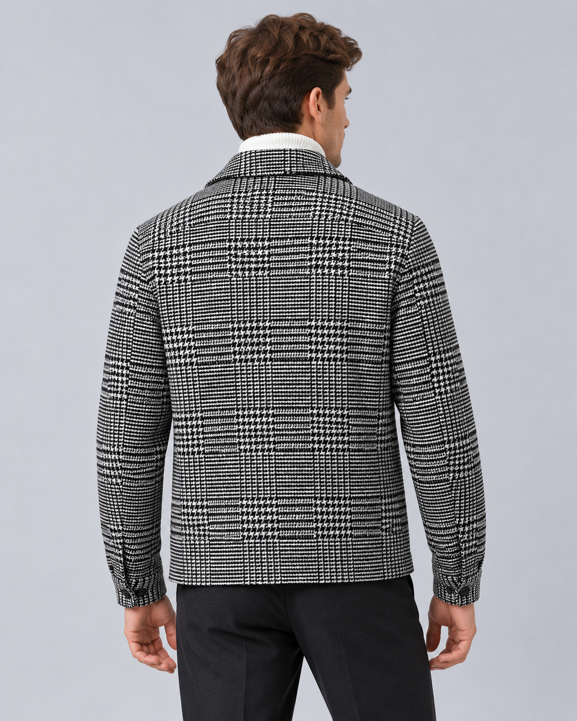 Men's Checked Overshirt Jacket – Wool-Blend Houndstooth Check with Chest Patch Pockets
