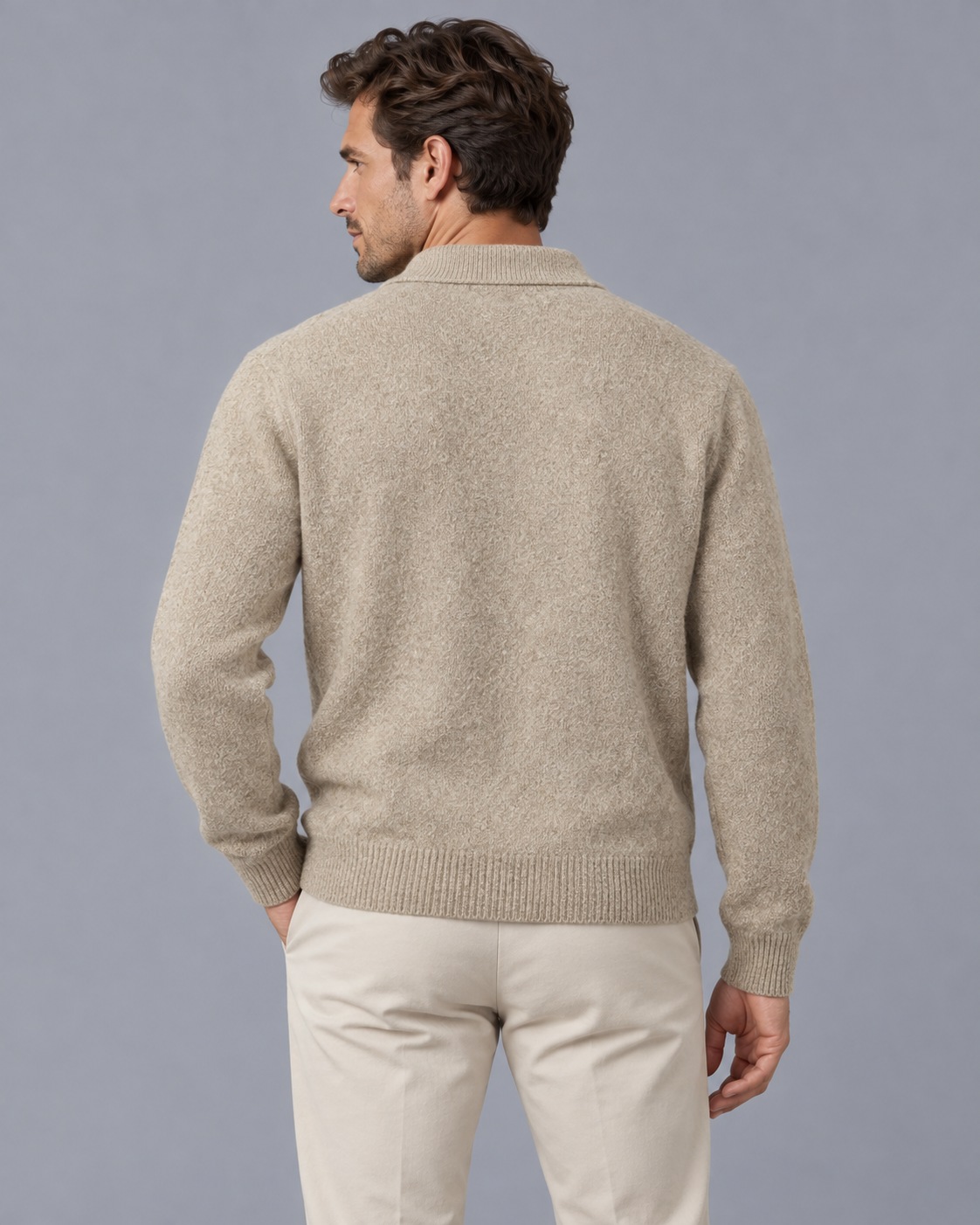 Men's Cashmere Blend Knitted Polo Jumper with Button Collar