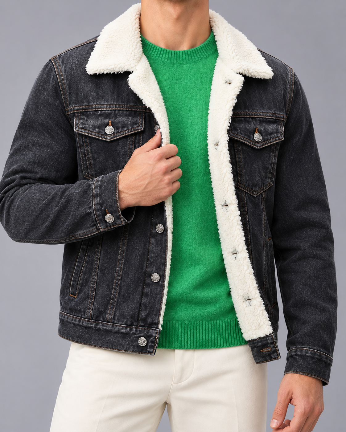 Men's Sherpa Denim Jacket with Wool Lining and Button Front