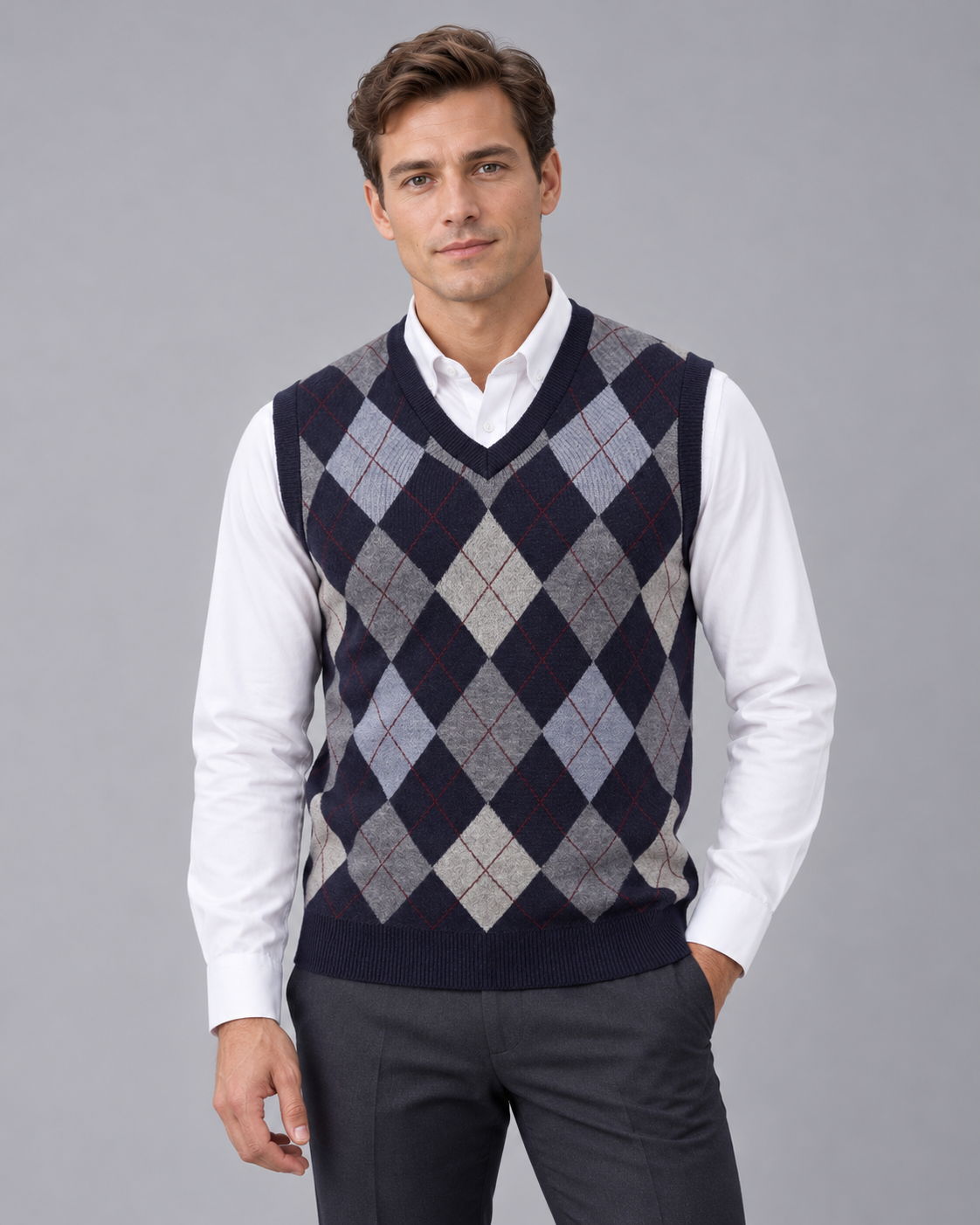 Men's Argyle V-Neck Sleeveless Jumper