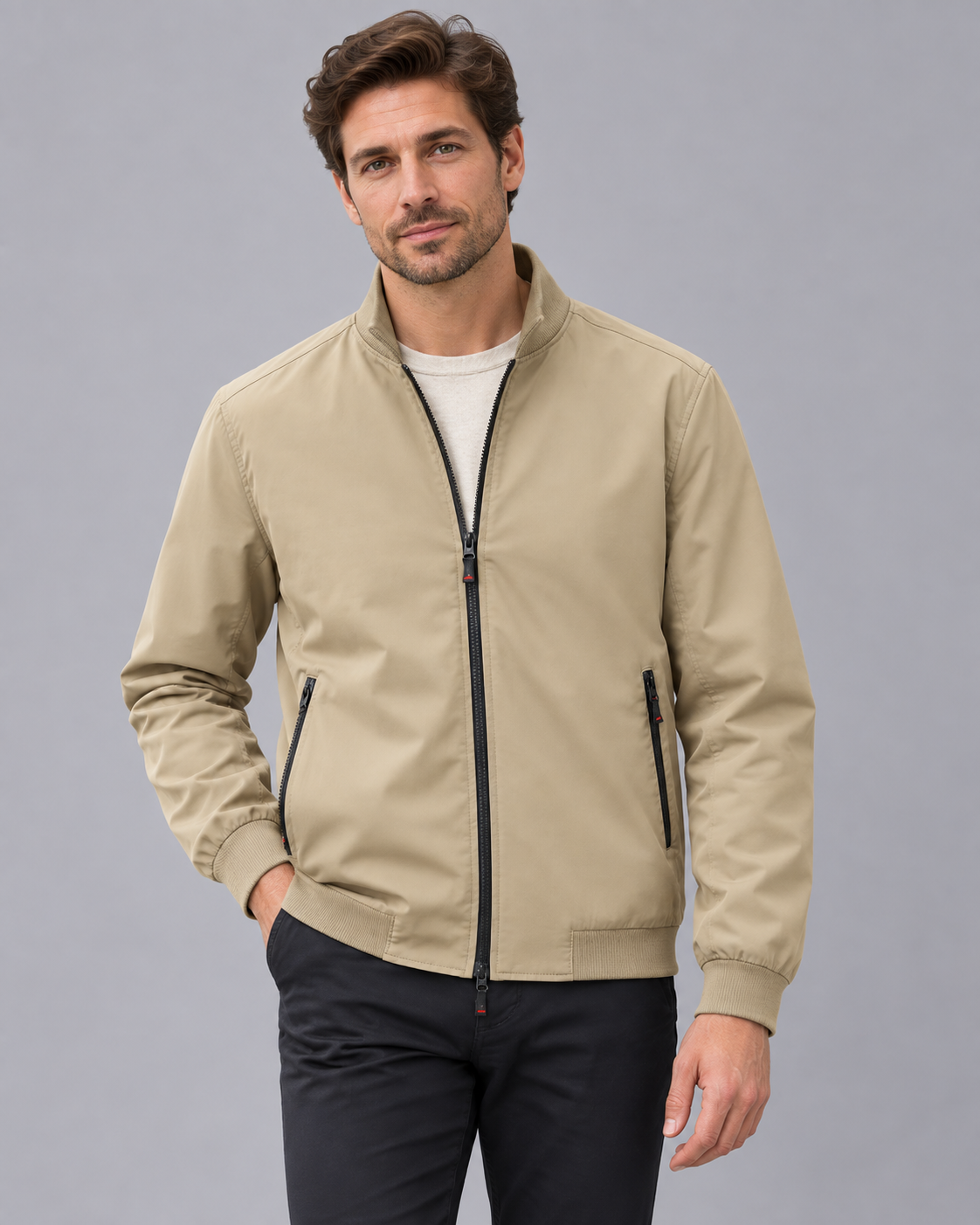 Men's Bomber Jacket – Stand Collar, Full Zip, Zip Pockets, Relaxed Fit