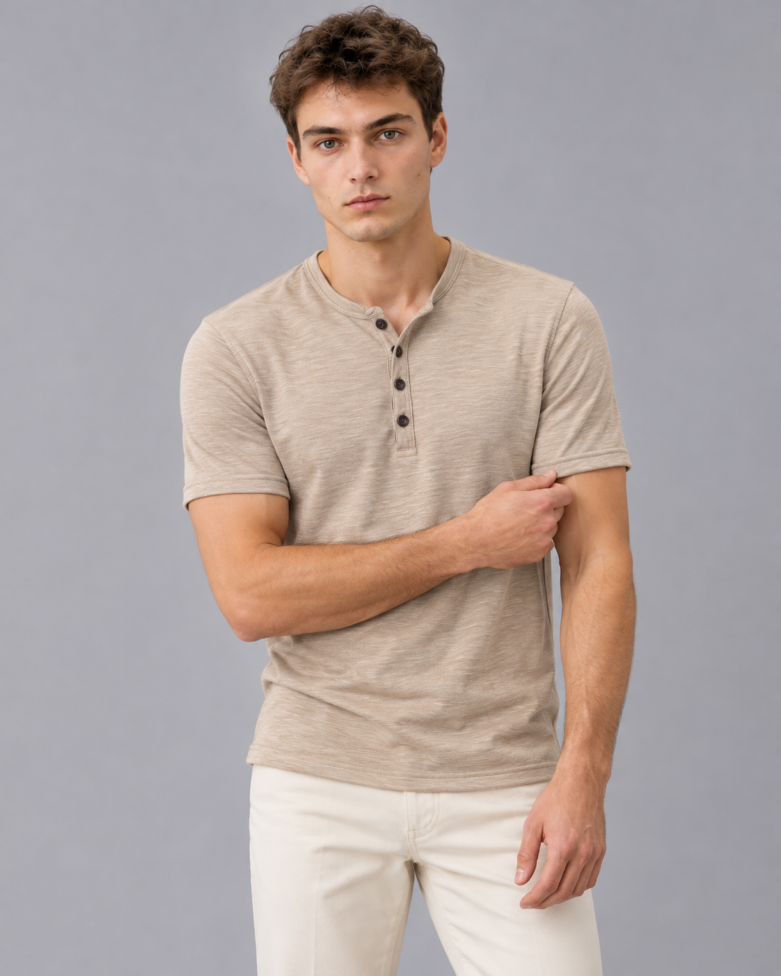 Men's Henley T-Shirt with Short Sleeves and Button Placket