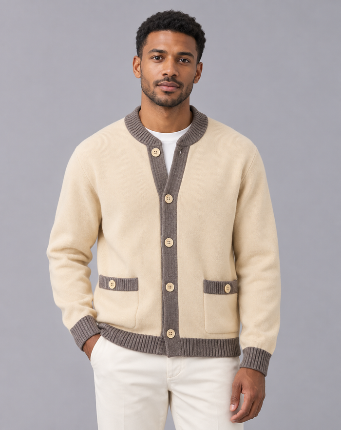Men's Cardigan with Pockets – Heavyweight Knit, Contrast Ribbed Trim, Button Front