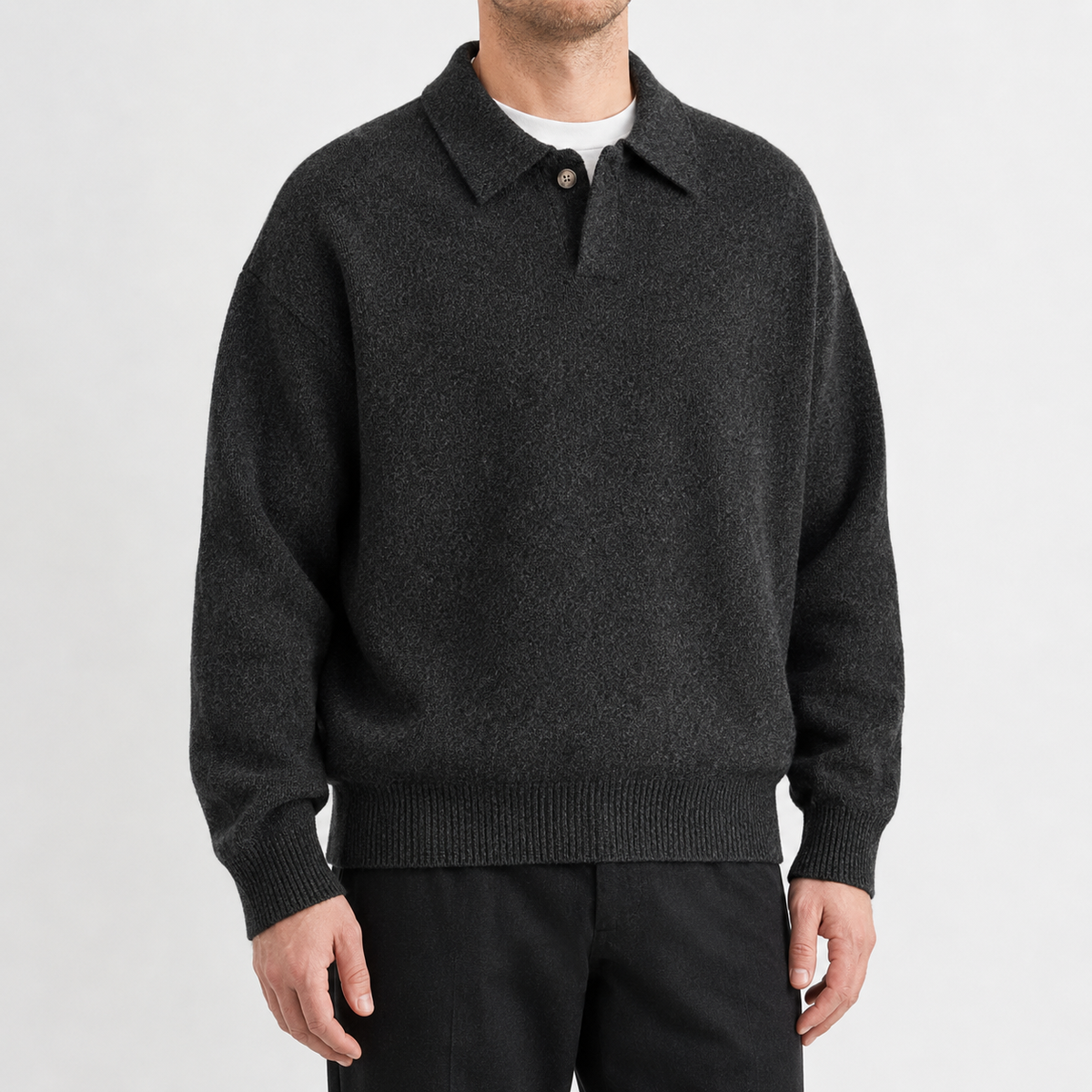 Men's Knitted Polo Jumper – Long Sleeve with Button Collar, Relaxed Fit