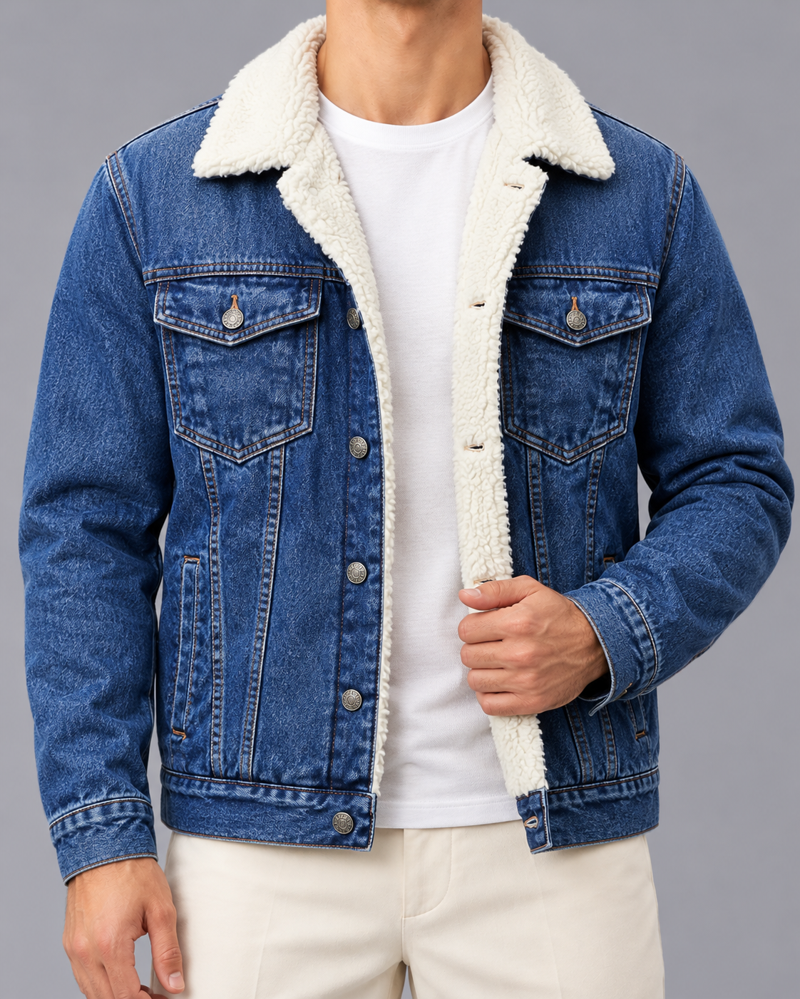 Men's Sherpa Denim Jacket with Wool Lining and Button Front