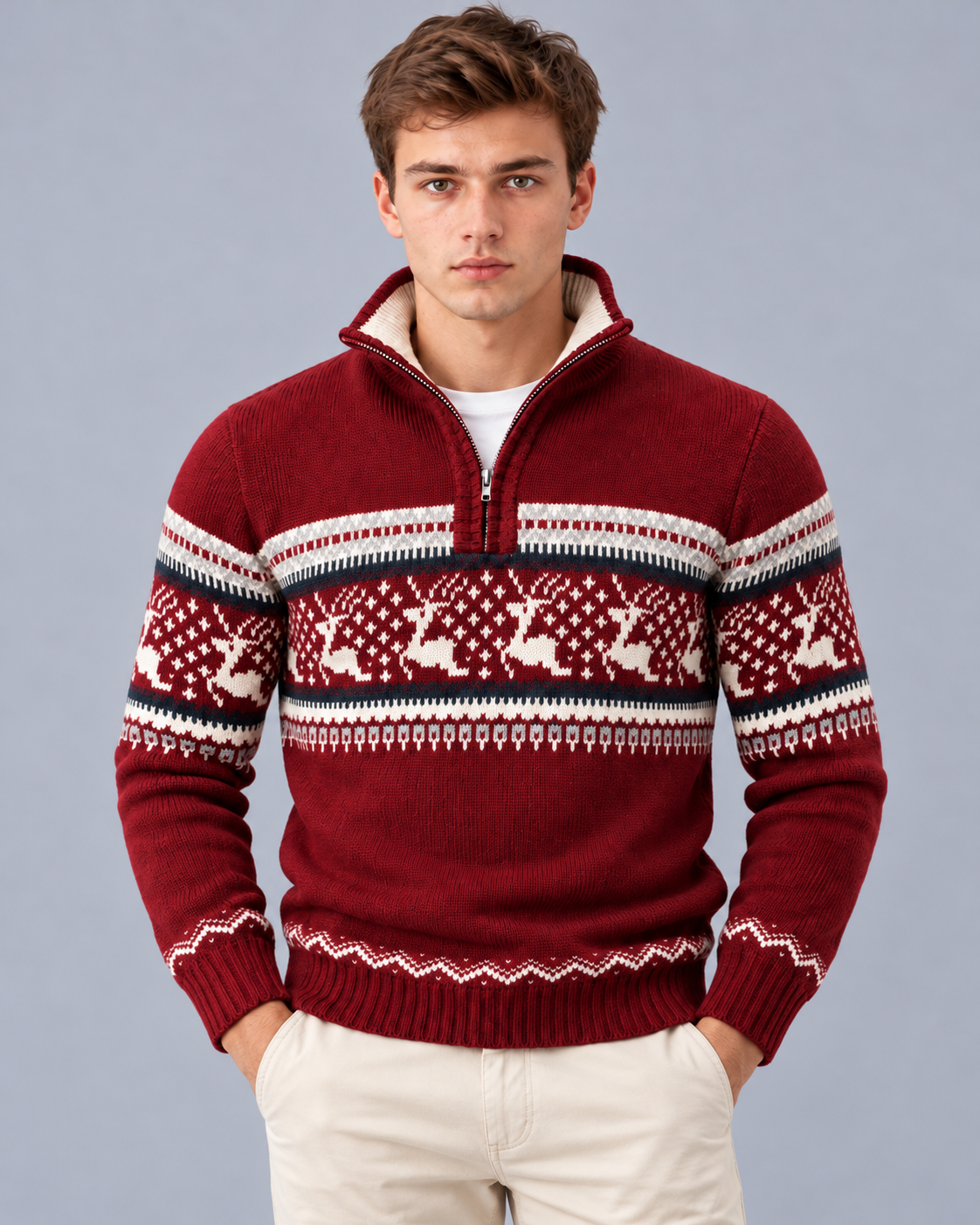 Men's Quarter Zip Christmas Jumper with Fair Isle Reindeer Pattern | Festive Sweater