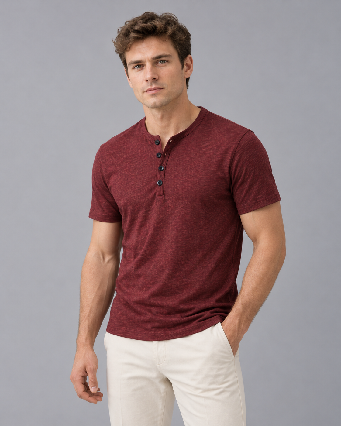 Men's Henley T-Shirt with Short Sleeves and Button Placket