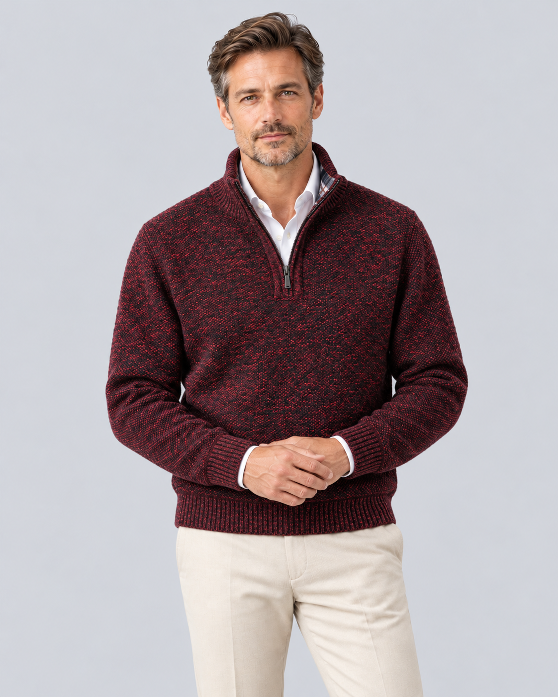 Men's Quarter Zip Jumper in Textured Polyester Knit – Zip Stand Collar, Ribbed Cuffs