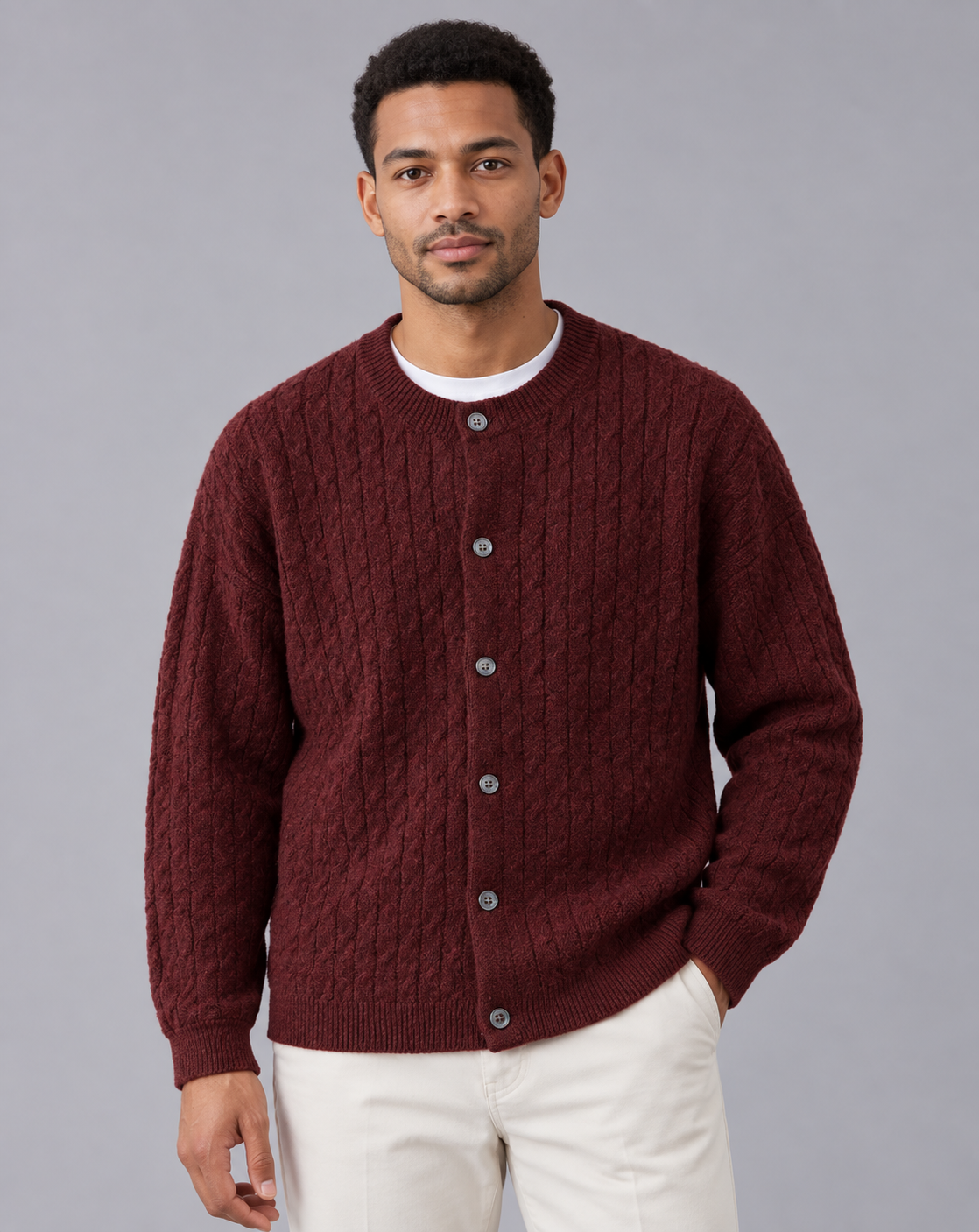 Men's Cable Knit Cardigan – Crew Neck, Six-Button Front, Relaxed Fit