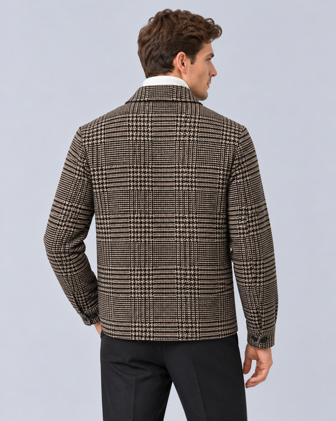 Men's Checked Overshirt Jacket – Wool-Blend Houndstooth Check with Chest Patch Pockets