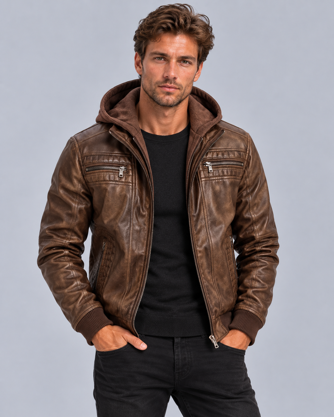 Men's Faux Leather Hooded Jacket – Zip Pockets, Regular Fit