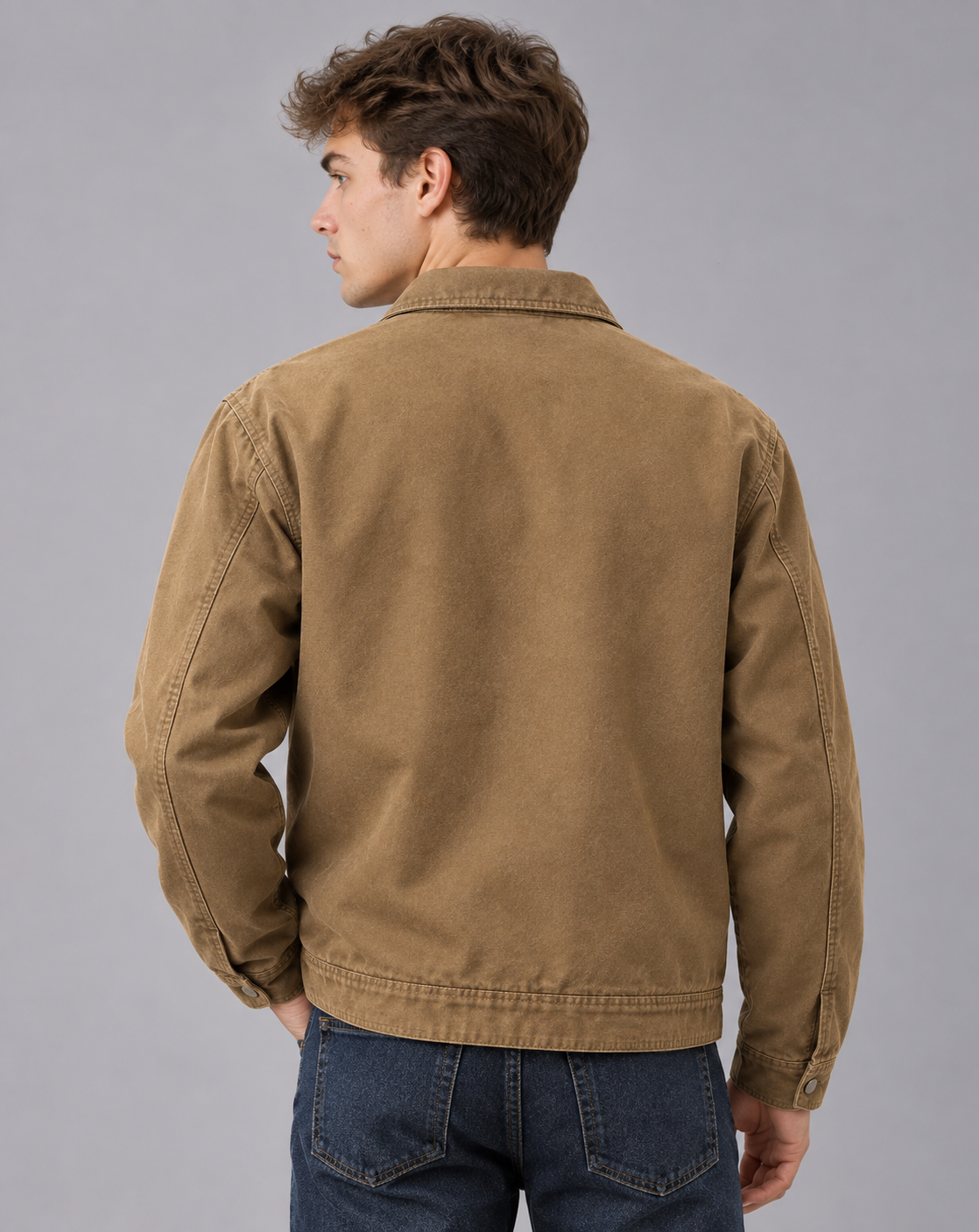 Men's Zip Workwear Jacket in Cotton Blend – Point Collar, Angled Front Pockets, Relaxed Fit