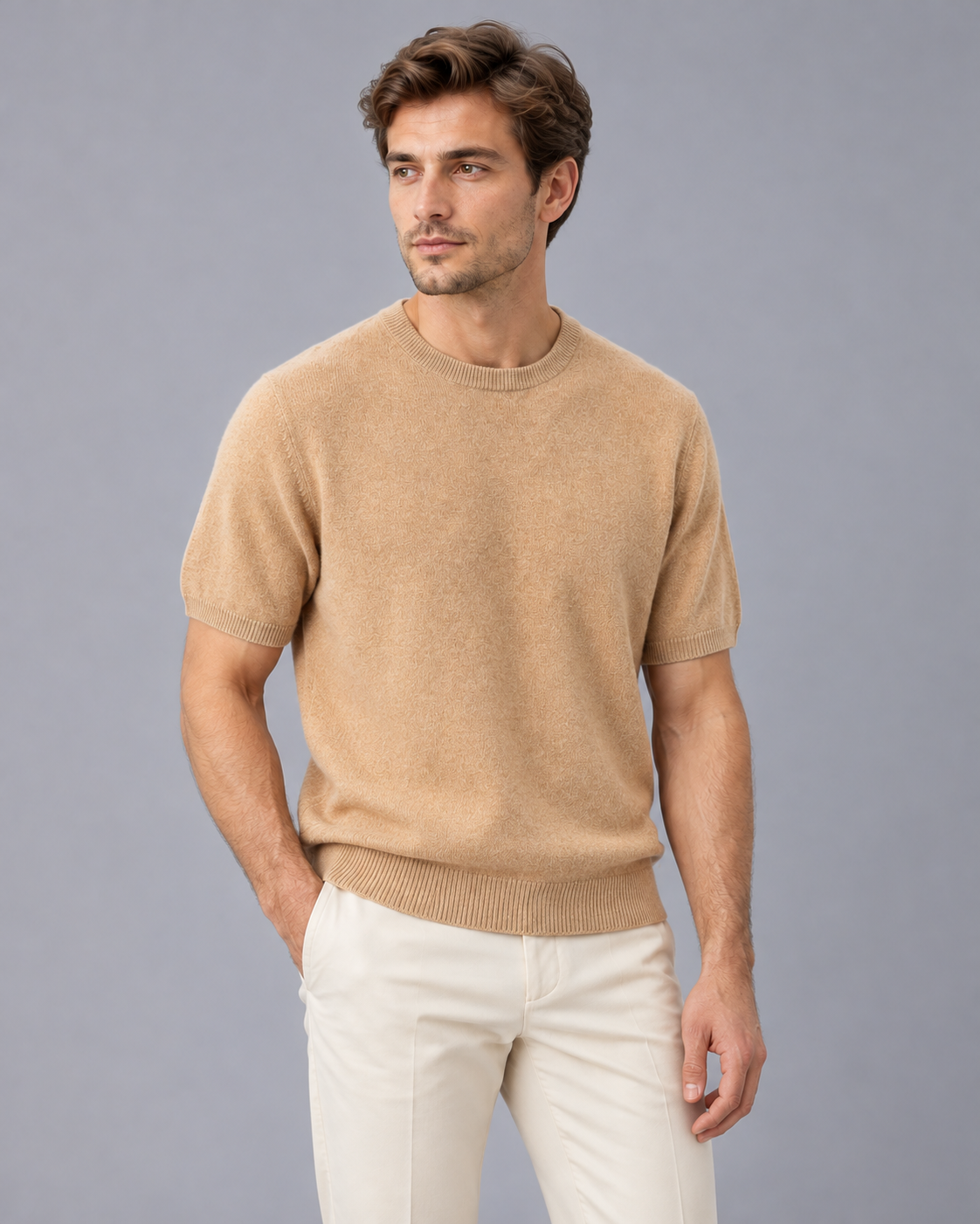 Men's 100% Cashmere Crew Neck T-Shirt with Short Sleeves and Ribbed Trims