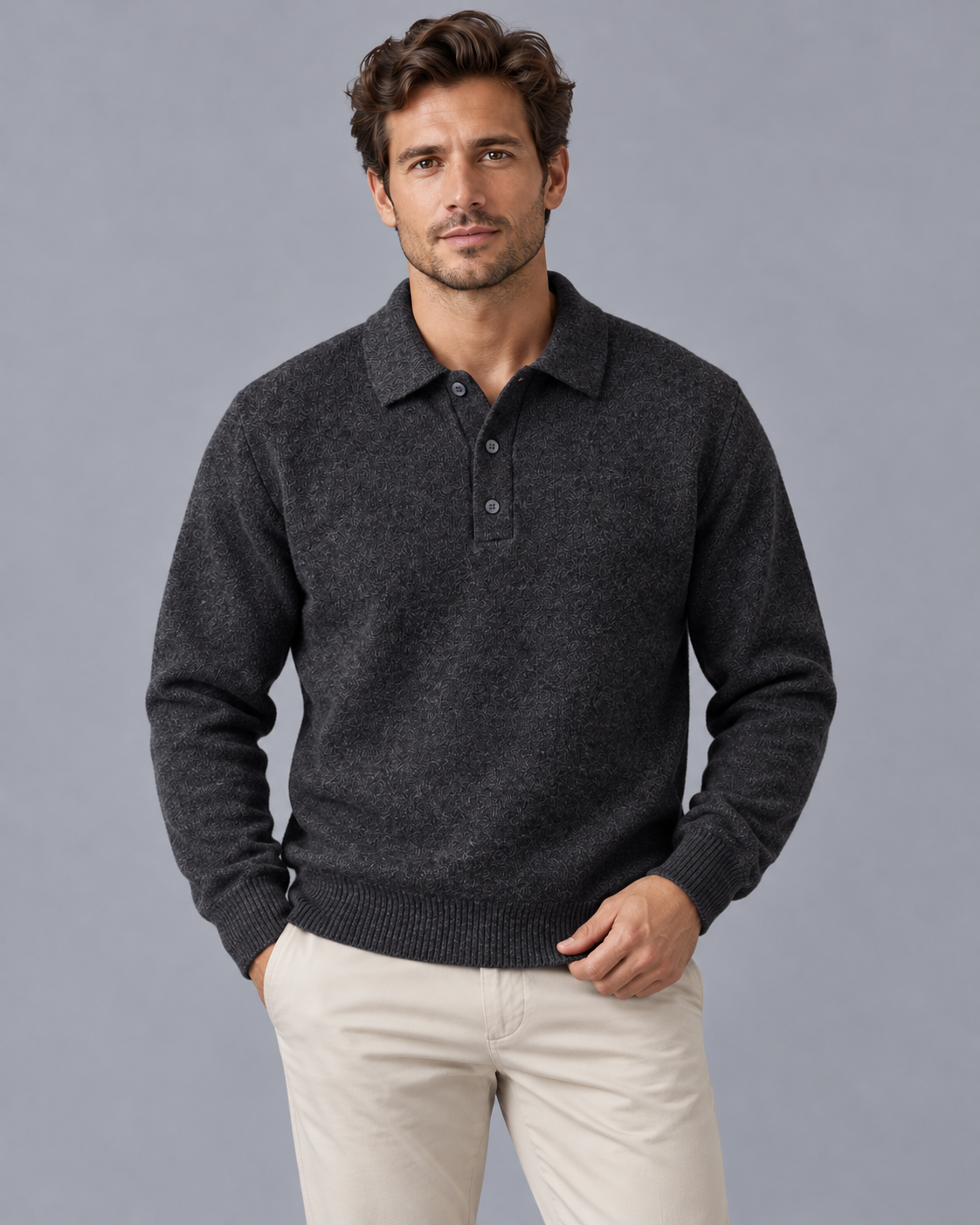 Men's Cashmere Blend Knitted Polo Jumper with Button Collar