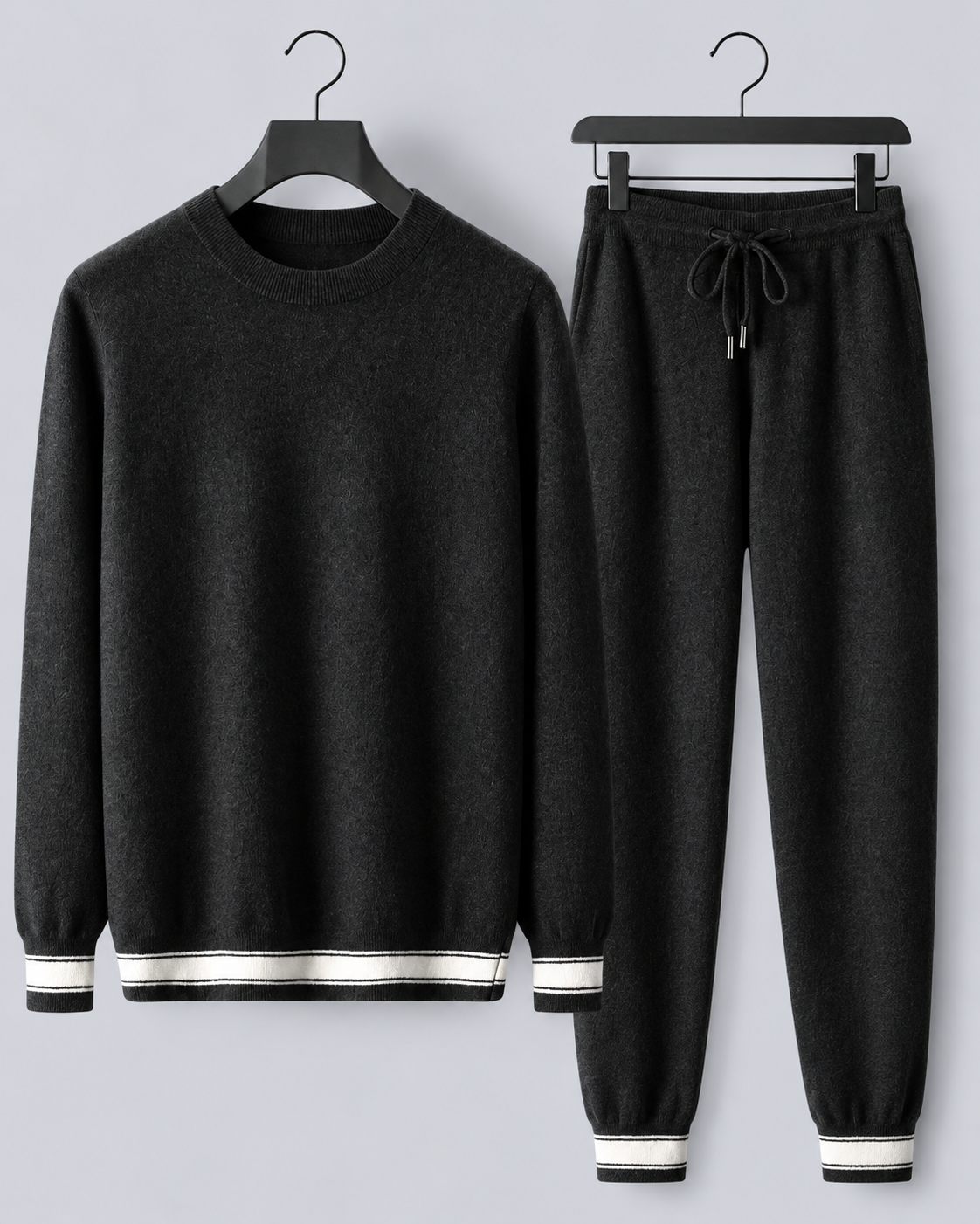 Men's 100% Cashmere Lounge Set with Crew-Neck Jumper and Striped Joggers