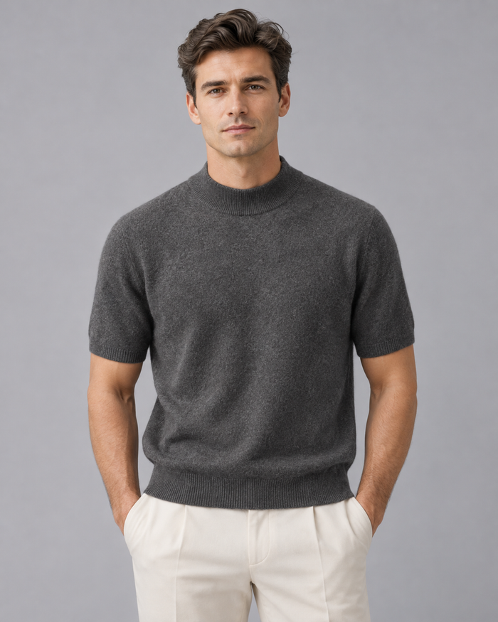 Men's 100% Cashmere Mock Neck T-Shirt with Short Sleeves and Ribbed Trims