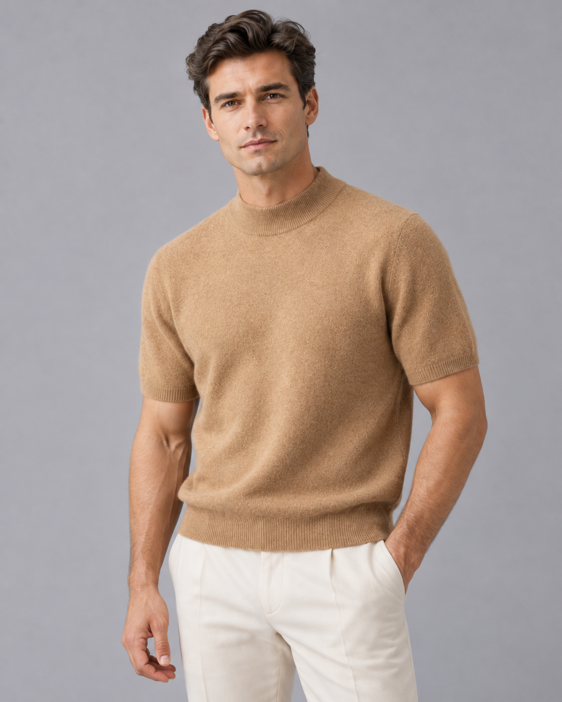 Men's 100% Cashmere Mock Neck T-Shirt with Short Sleeves and Ribbed Trims