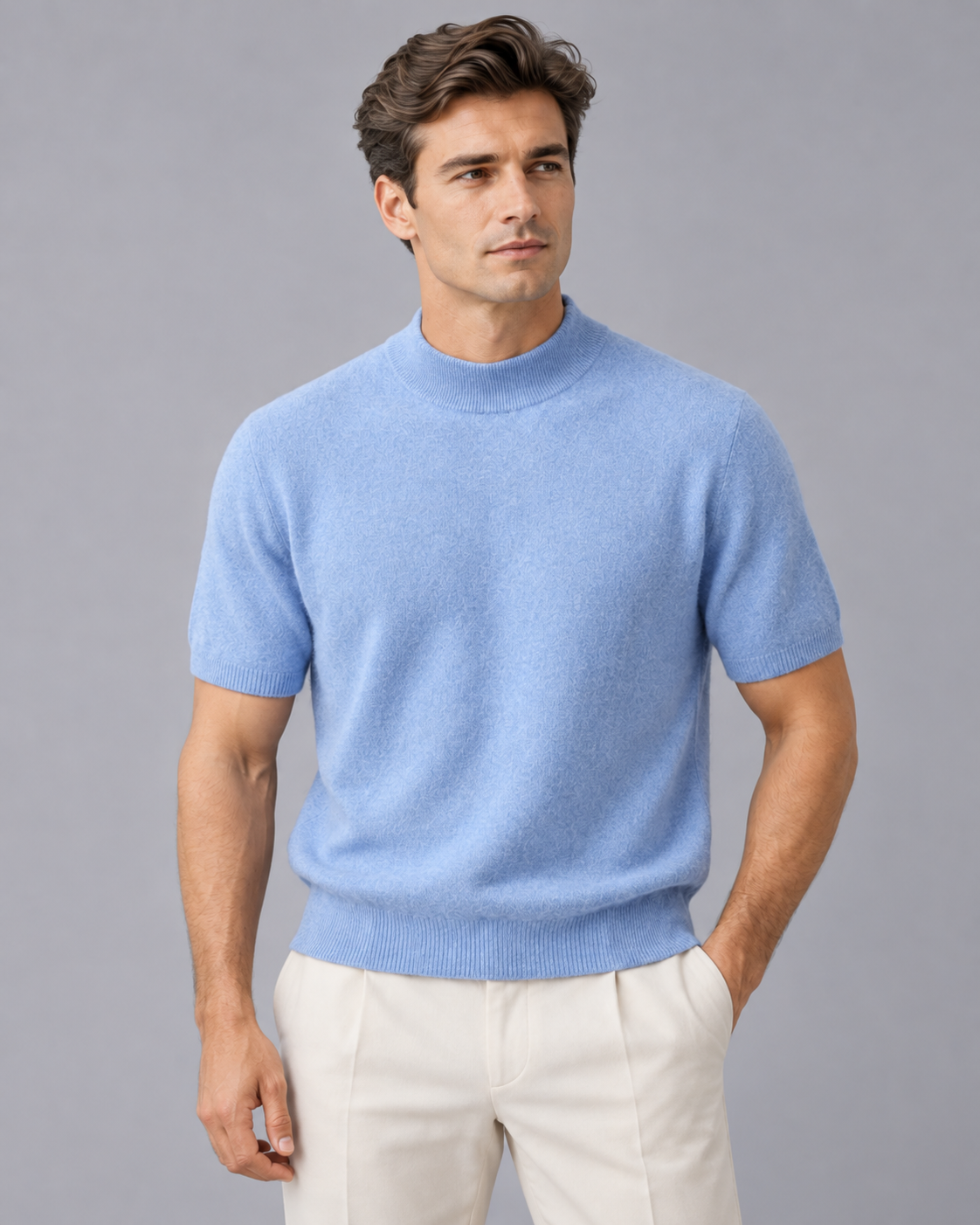 Men's 100% Cashmere Mock Neck T-Shirt with Short Sleeves and Ribbed Trims