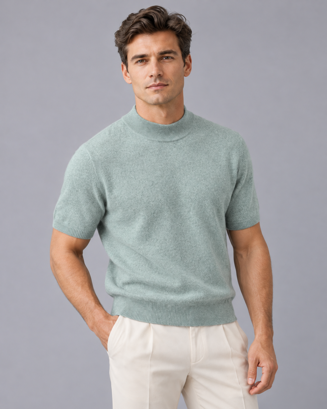 Men's 100% Cashmere Mock Neck T-Shirt with Short Sleeves and Ribbed Trims