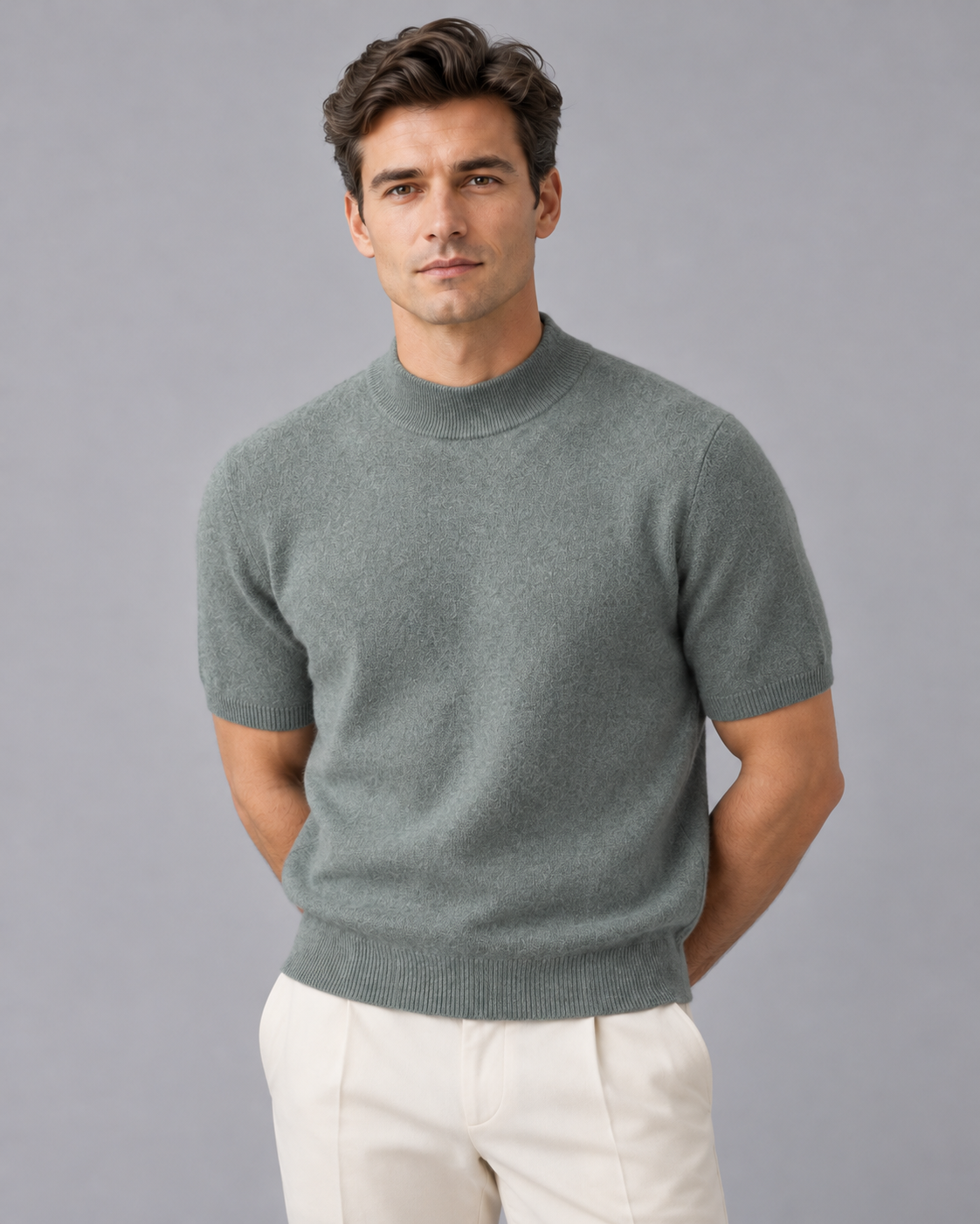 Men's 100% Cashmere Mock Neck T-Shirt with Short Sleeves and Ribbed Trims