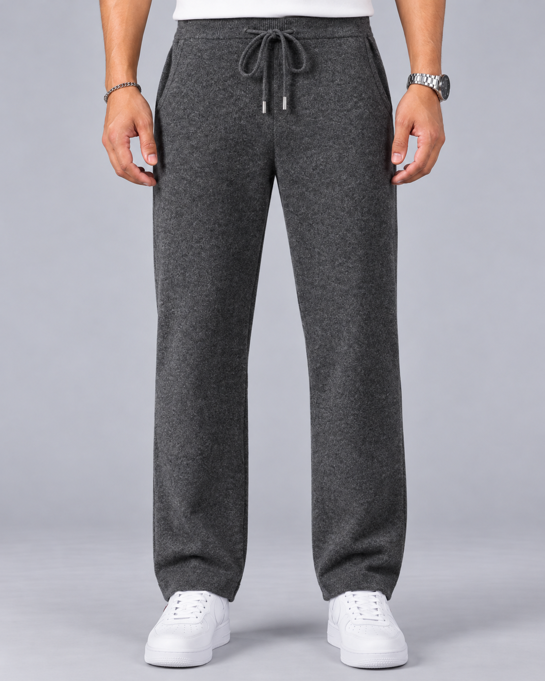 Men's 100% Cashmere Wide Leg Trousers with Drawstring Waist