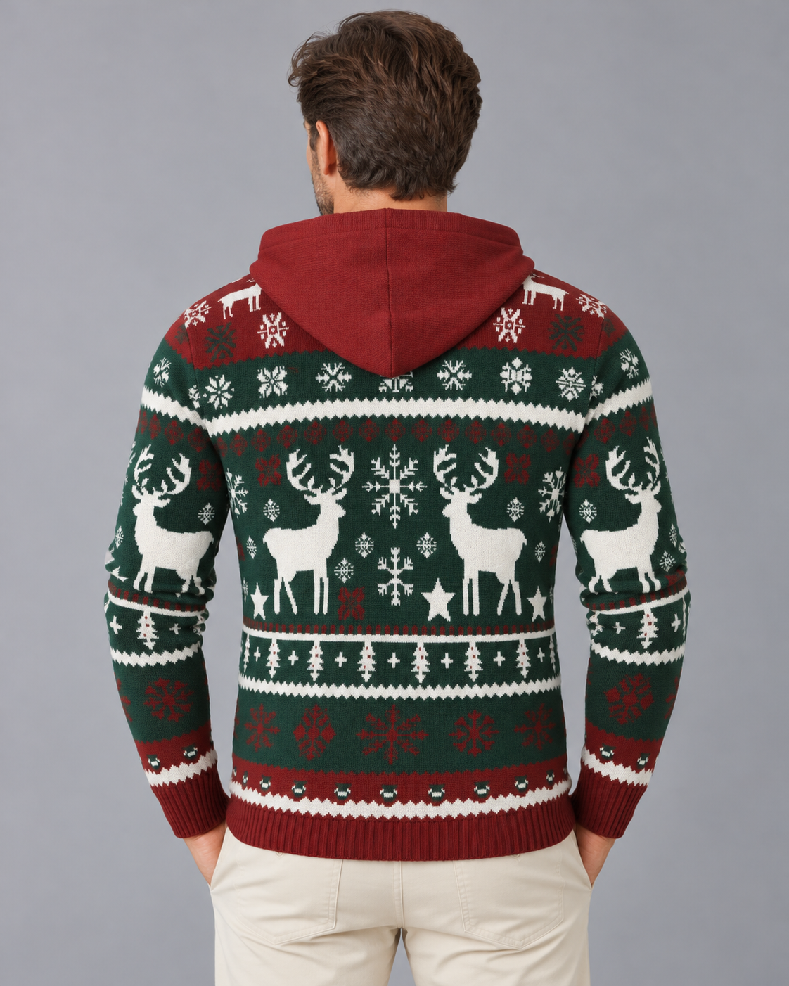 Men's Hooded Christmas Jumper with Fair Isle Reindeer Pattern | Festive Sweater