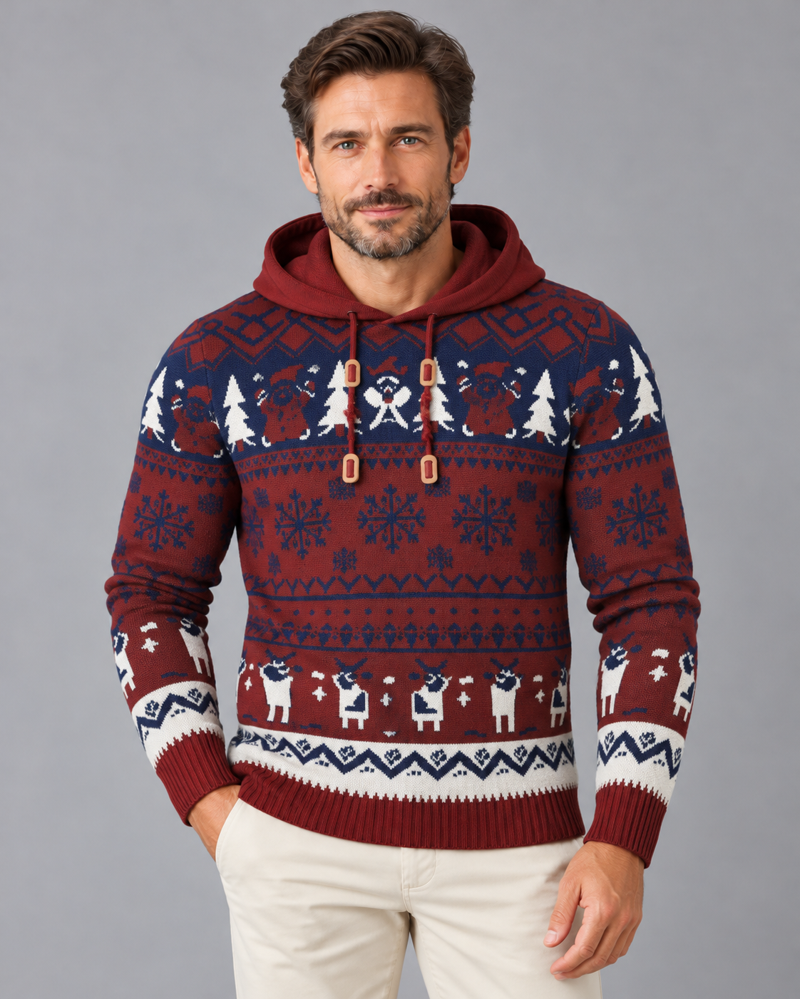 Men's Hooded Christmas Jumper with Fair Isle Reindeer Pattern | Festive Sweater