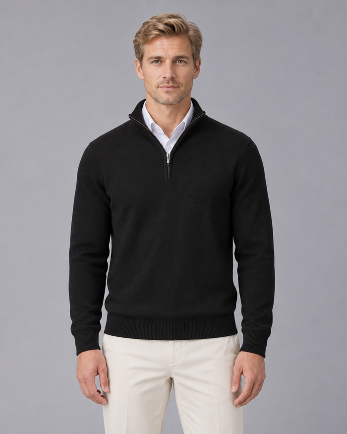 Men's Half Zip Jumper with Stand Collar and Ribbed Cuffs