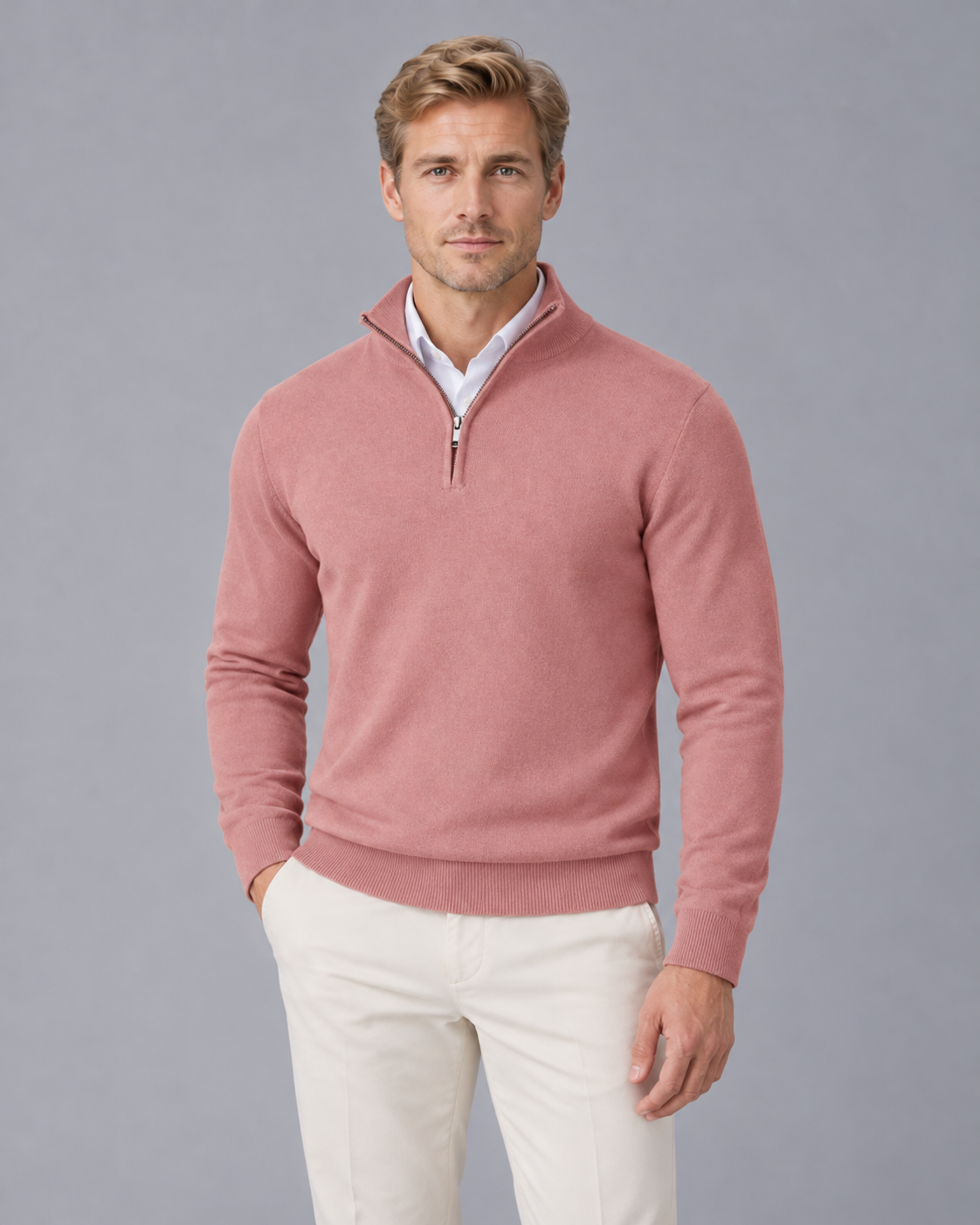 Men's Half Zip Jumper with Stand Collar and Ribbed Cuffs
