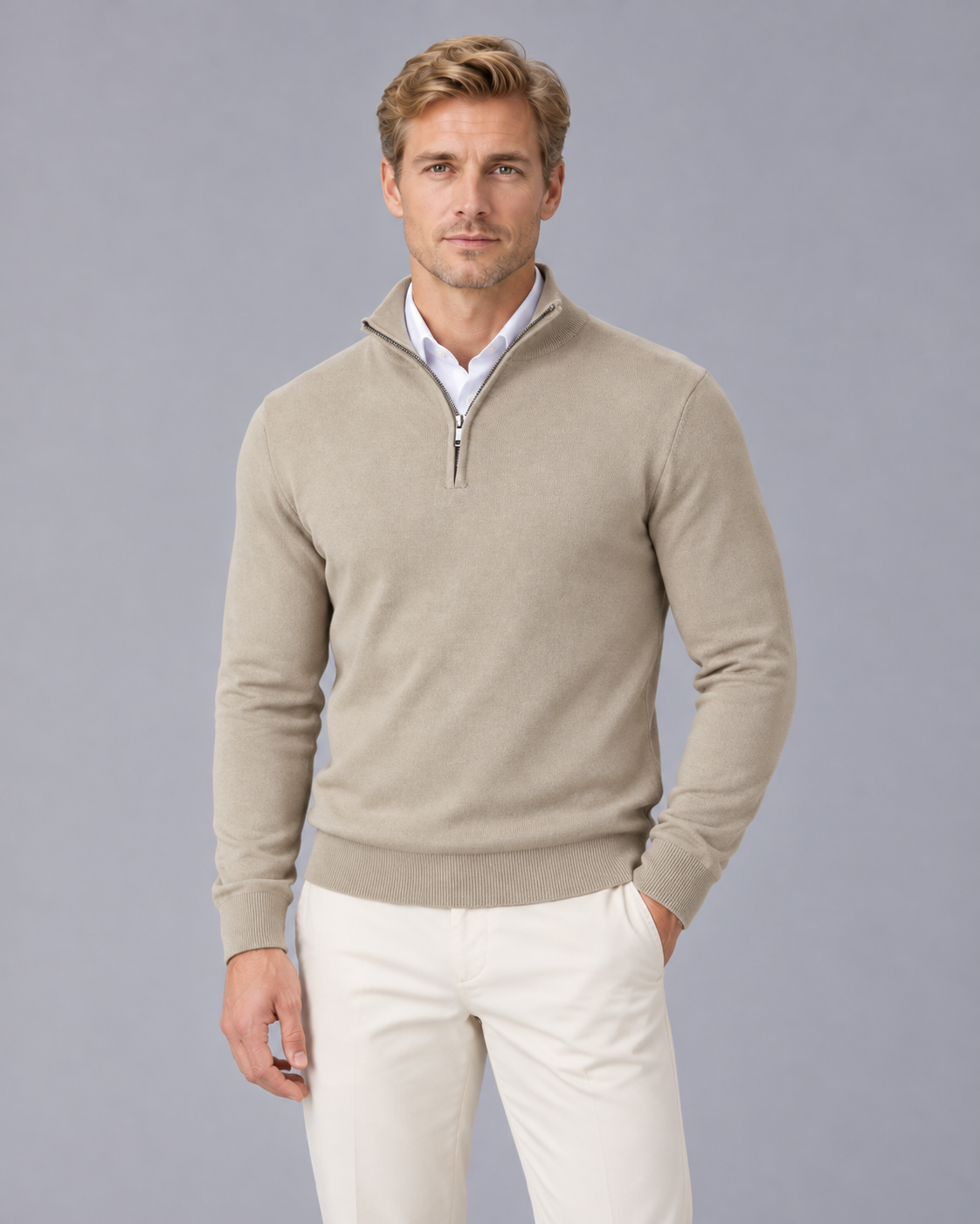 Men's Half Zip Jumper with Stand Collar and Ribbed Cuffs