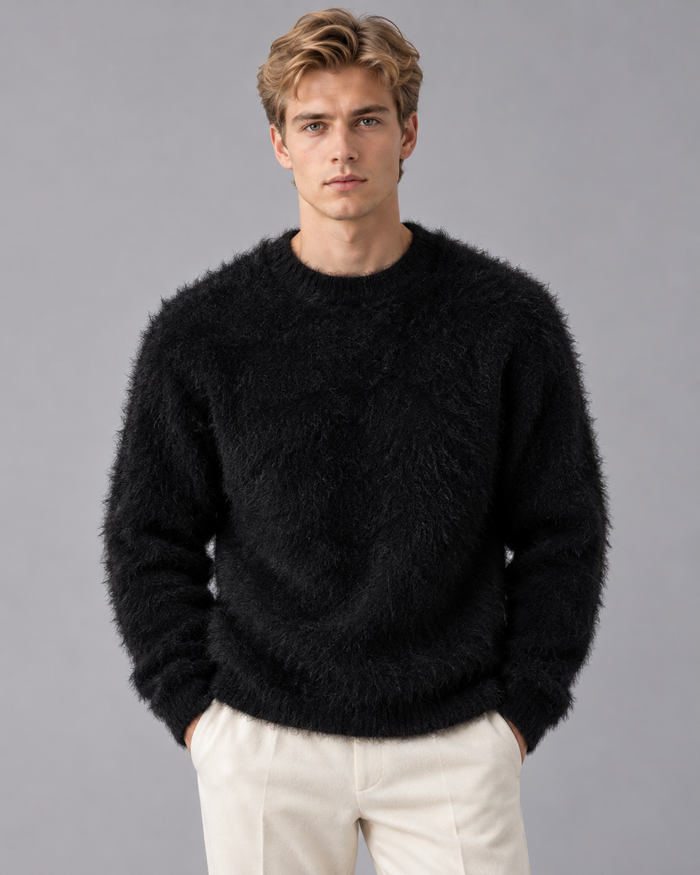 Men's Chunky Knit Jumper with Fluffy Texture and Crew Neck