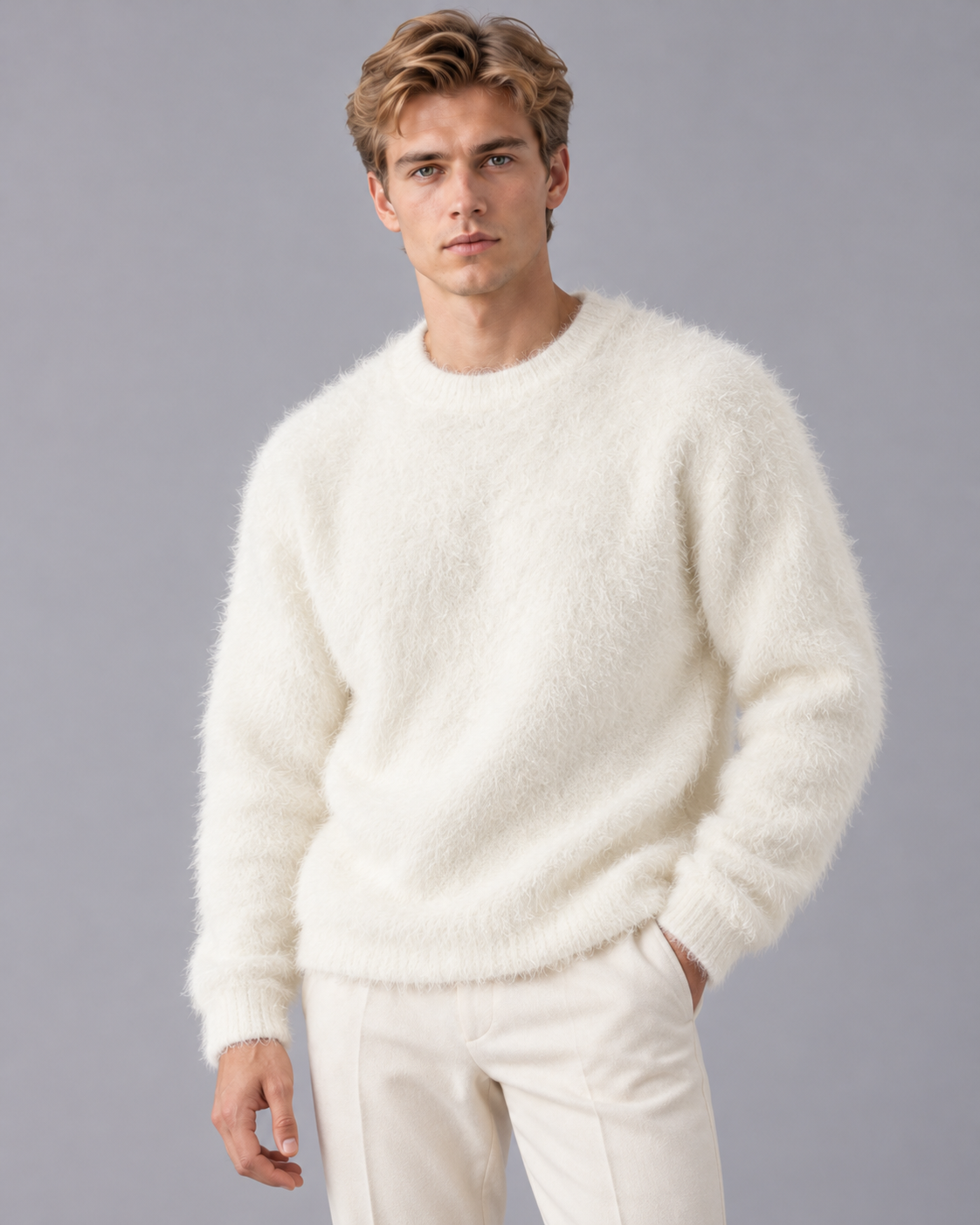 Men's Chunky Knit Jumper with Fluffy Texture and Crew Neck