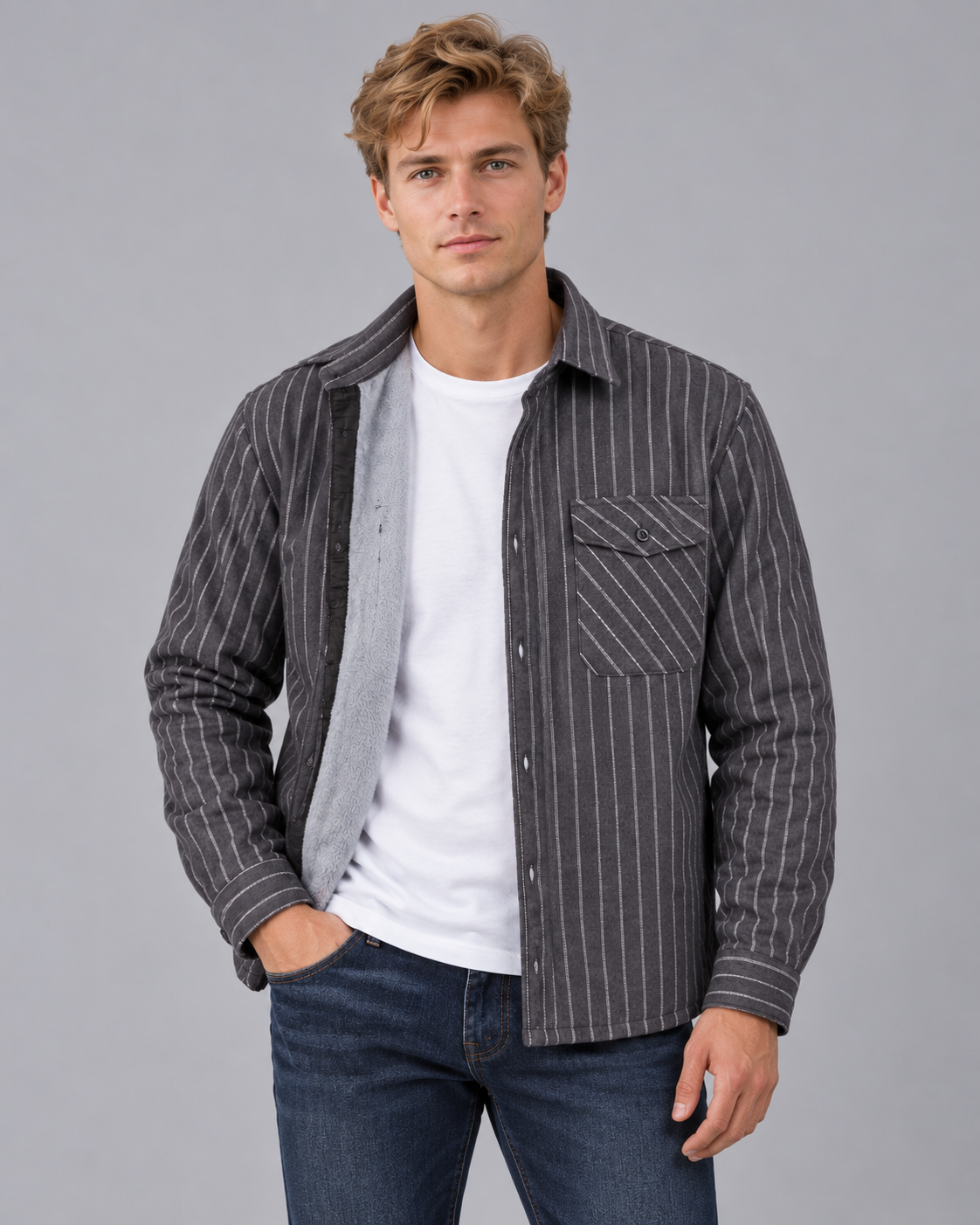 Men's Fleece-Lined Overshirt with Chest Pocket